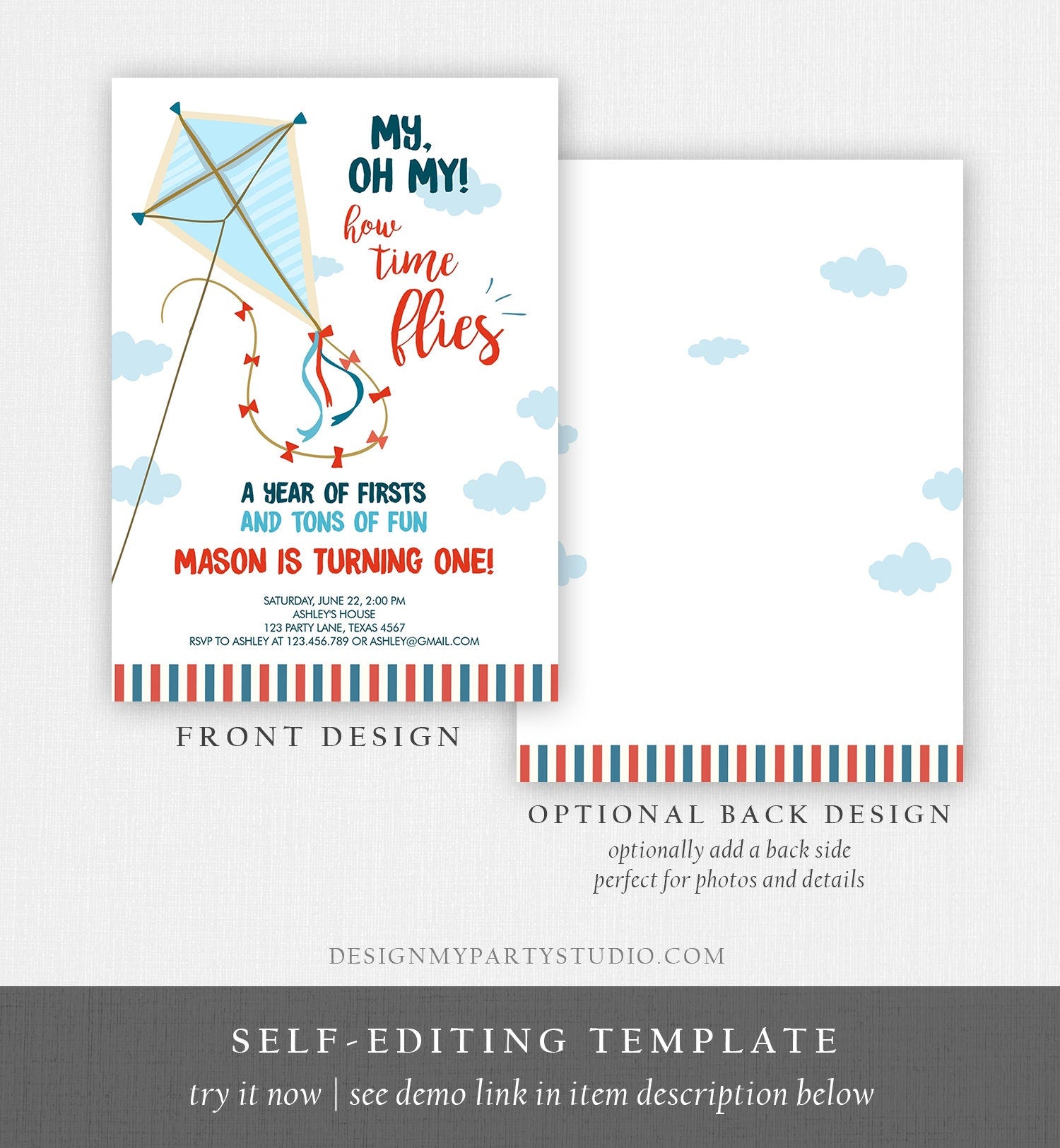 Editable Kite Birthday Invitation Oh My Time Flies First Birthday Boy Park Birthday Invite Summer Download Printable Corjl Template 0316
