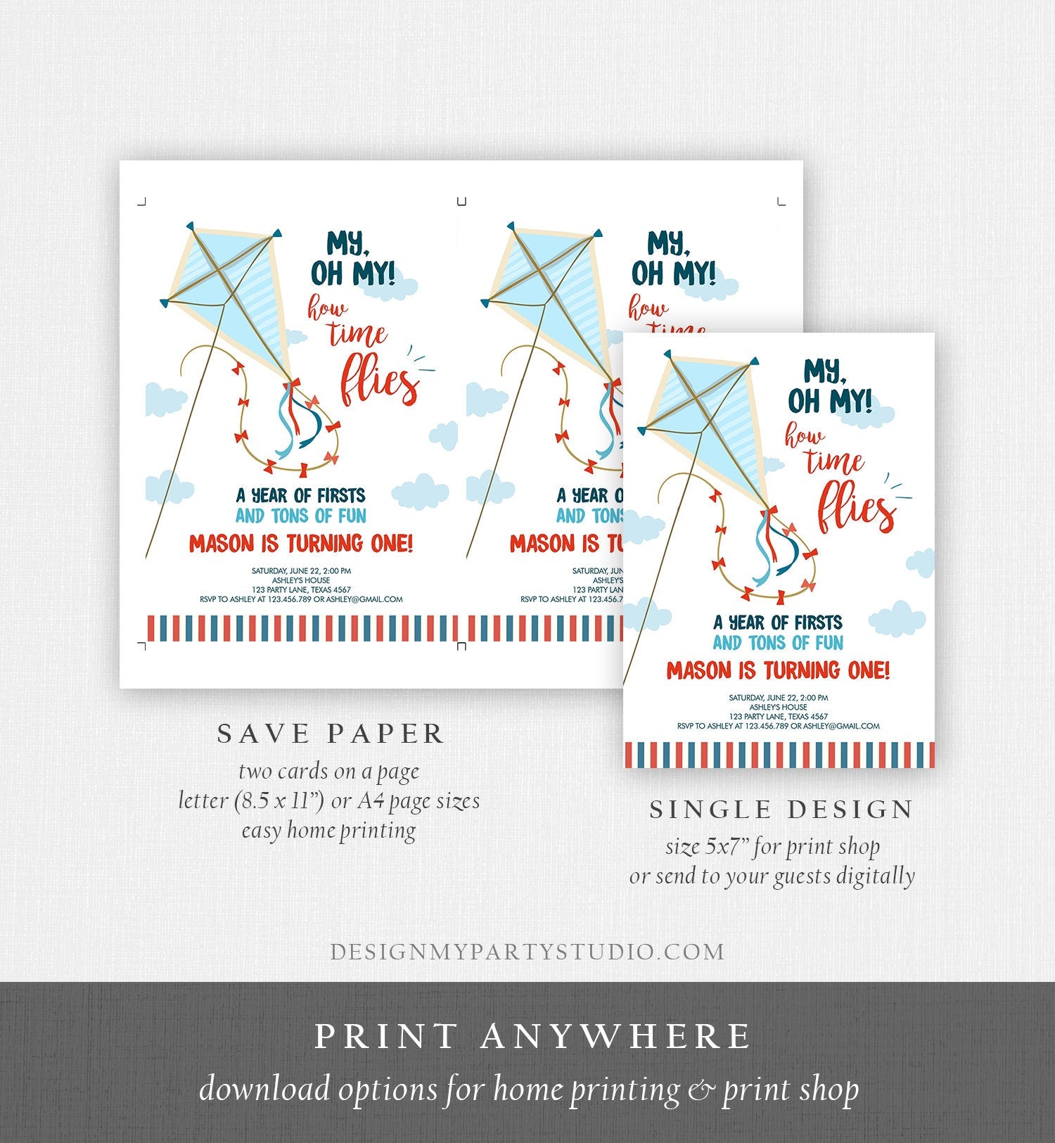 Editable Kite Birthday Invitation Oh My Time Flies First Birthday Boy Park Birthday Invite Summer Download Printable Corjl Template 0316
