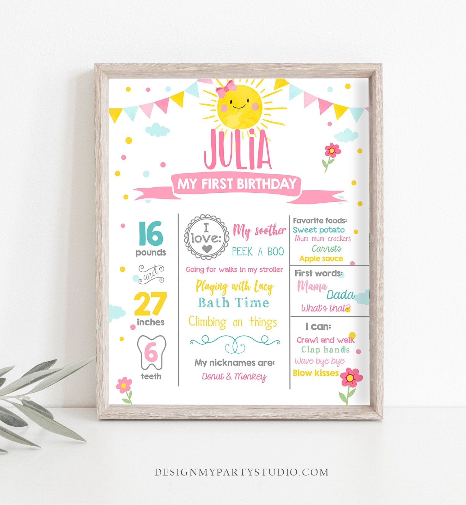 Editable Little Sunshine Birthday Milestones Sign Summer First Birthday 1st Birthday Girl Pink Bow Download Template Printable Corjl 0141