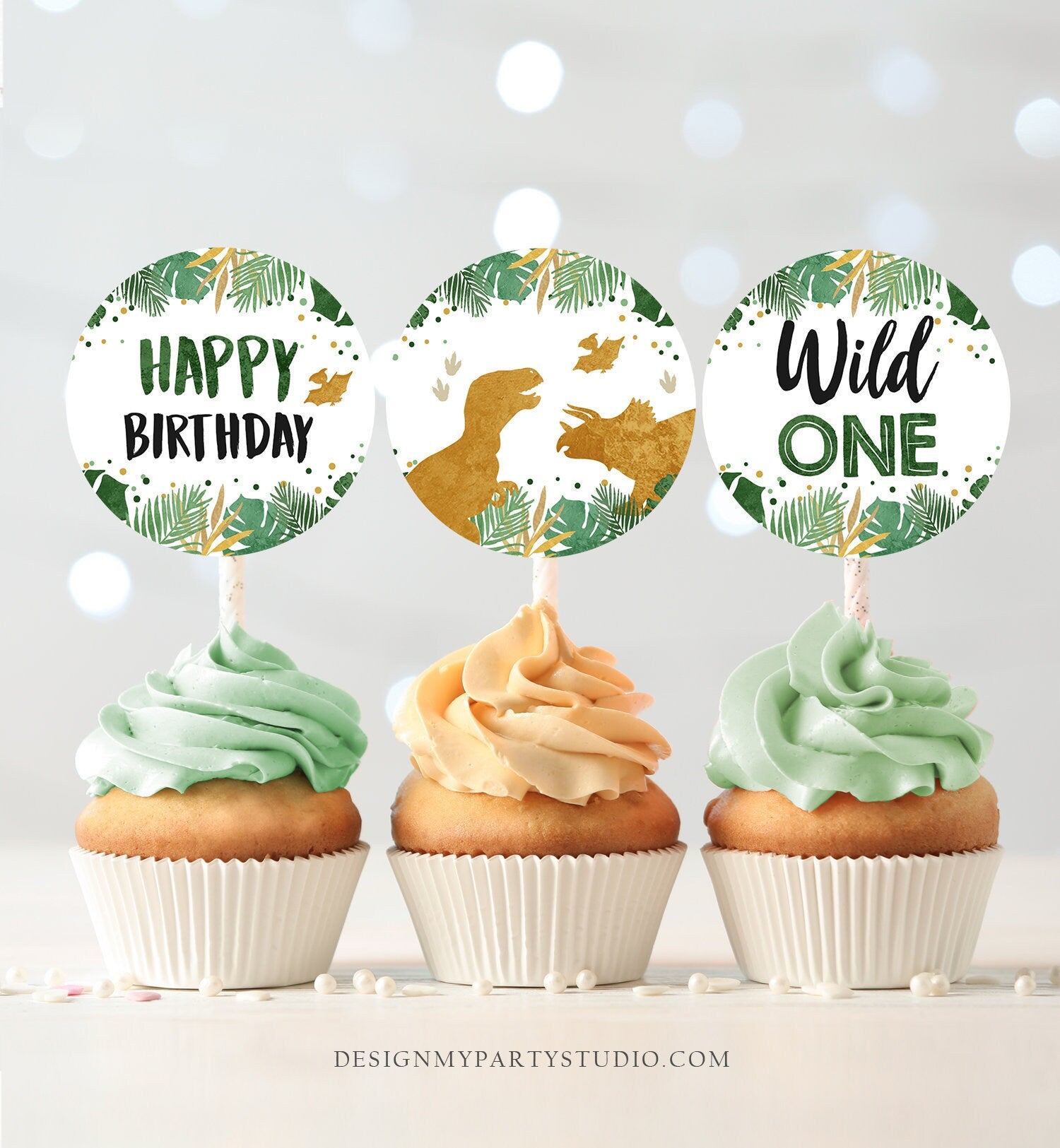 Dinosaur Cupcake Toppers Dino Favor Tags Dinosaur Birthday Party 1st Decor T-Rex Boy Wild One Stickers Green Gold Download Printable 0146