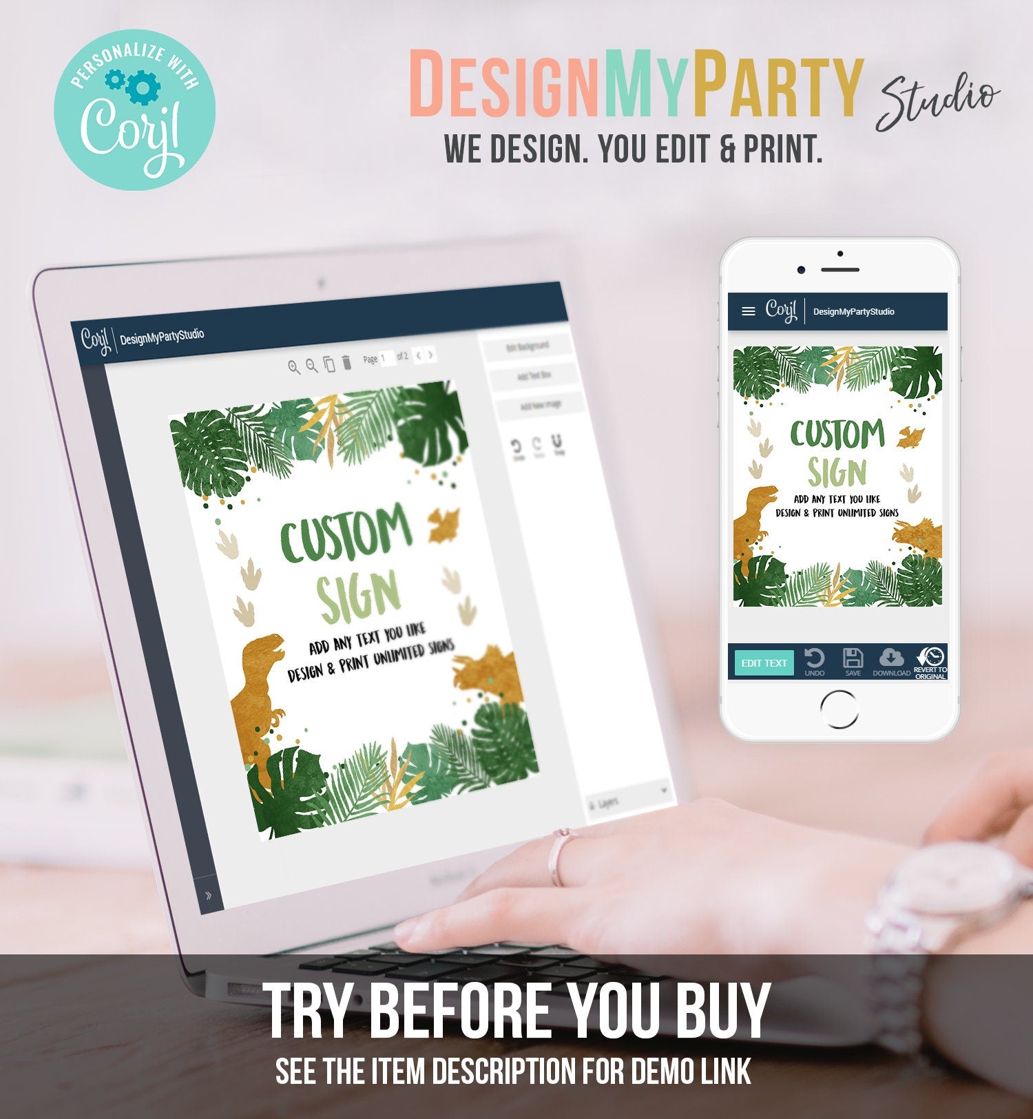 Editable Custom Sign Dinosaurs Dino Sign Birthday Decor Animals Table Sign Green Gold Boy 8x10 T-Rex Party Digital Template Printable 0146