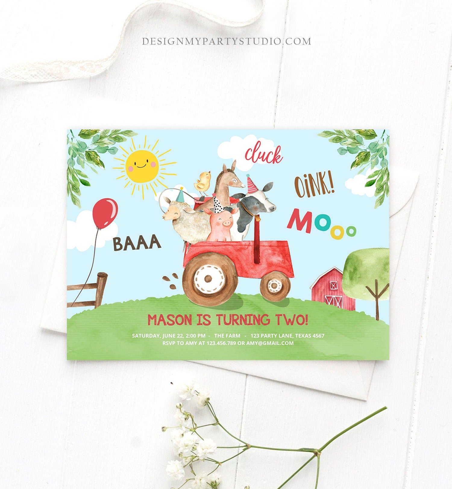 Editable Farm Animals Birthday Invitation Boy Parry Animals Red Tractor Barn Barnyard Cow Pig Template Digital Download Printable 0155