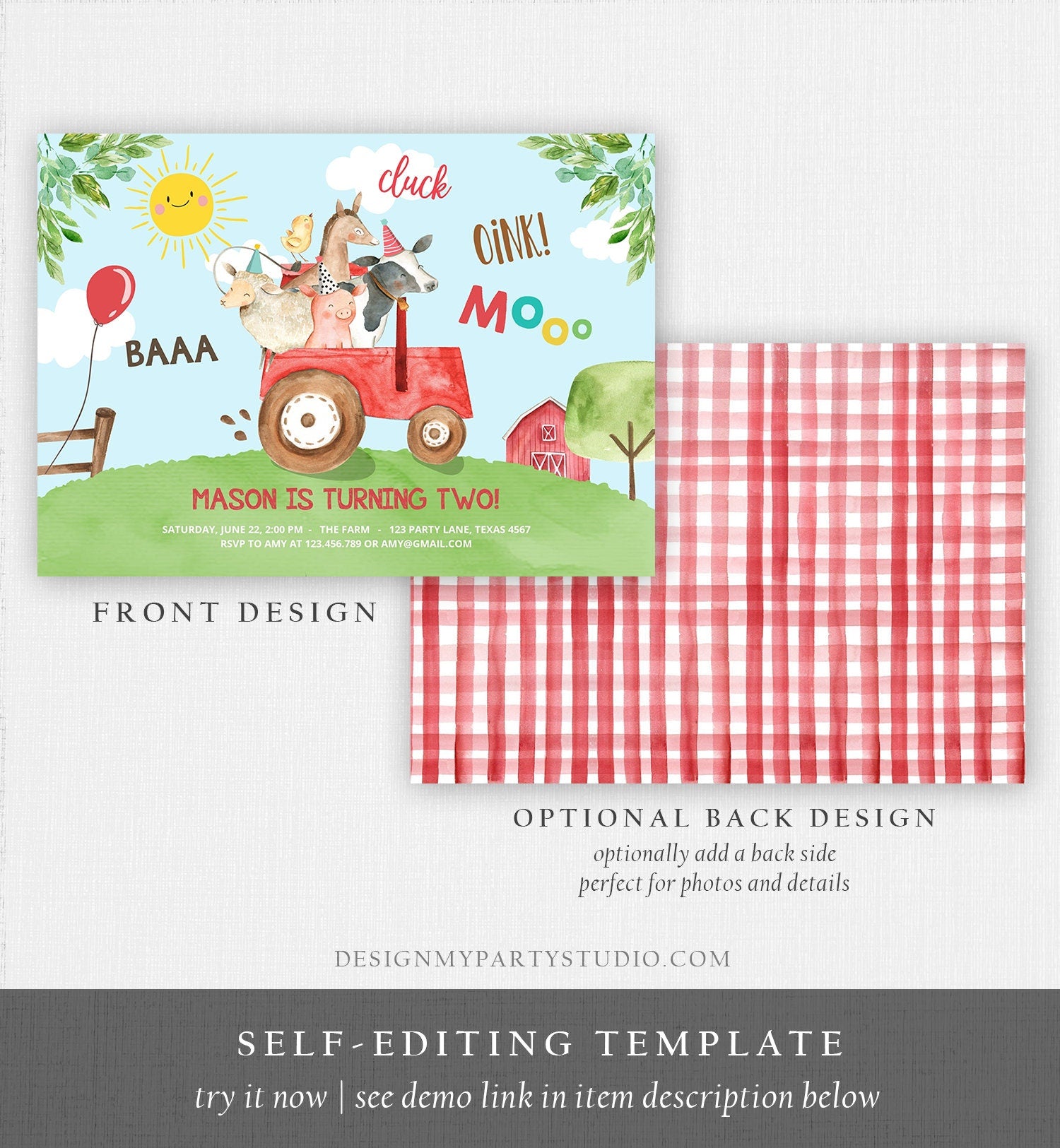 Editable Farm Animals Birthday Invitation Boy Parry Animals Red Tractor Barn Barnyard Cow Pig Template Digital Download Printable 0155