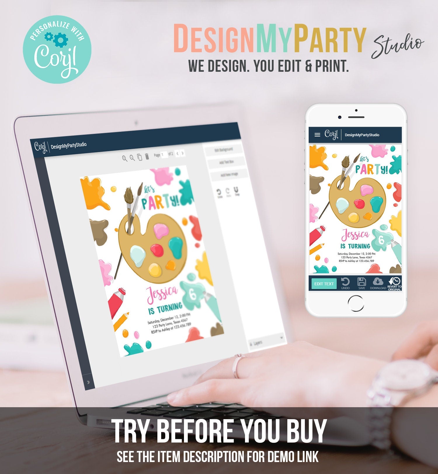 Editable Painting Party Invitation Art Party Birthday Invite Girl Pink Paint Craft Party Digital Download Evite Template Printable 0319