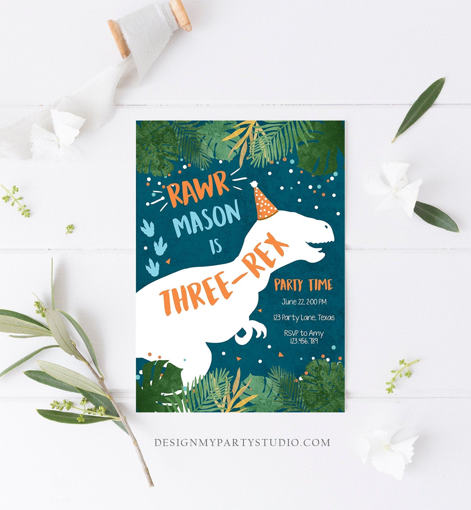 Editable Three-Rex Dinosaur Birthday Invitation Dino T-Rex Third Birthday 3rd Rawr Boy Blue Orange Prehistoric Printable Corjl Template 0378