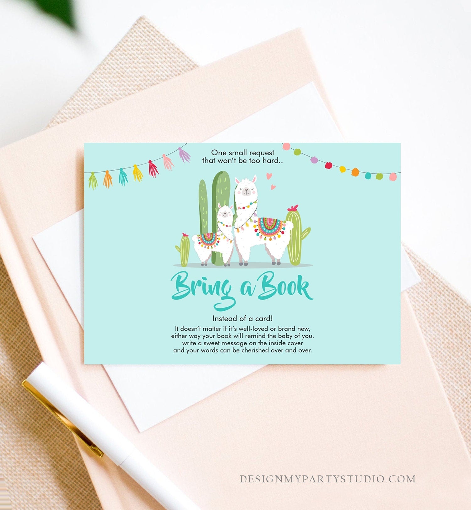Editable Bring a Book Card Llama Boy Baby Shower Book insert Books for baby Book Request Fiesta Cactus Blue Template PRINTABLE Corjl 0079