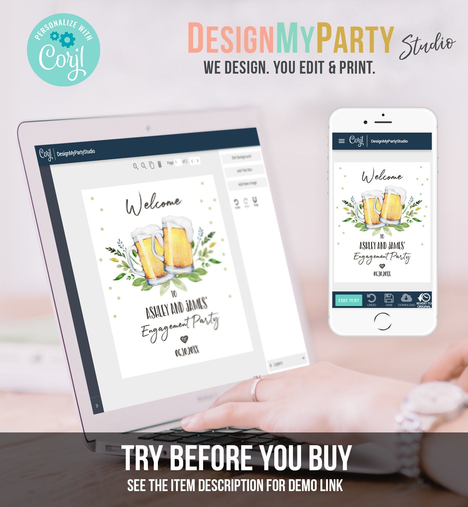 Editable Love is Brewing Welcome Sign Brewing Couples Shower Beers Cheers Wedding Brews Before I Do Greenery Digital Template Printable 0190