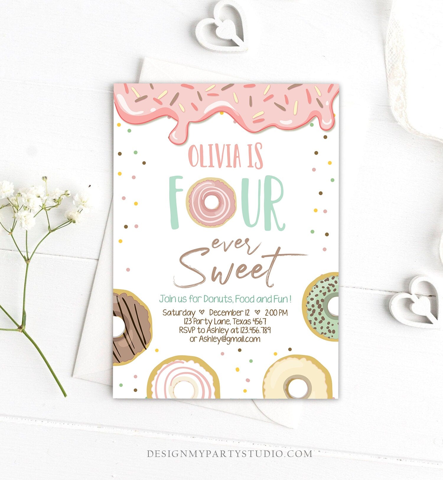 Editable Donut Four Ever Sweet Birthday Invitation 4th Birthday Party Pink Girl Doughnut Four Digital Download Printable Template Corjl 0320