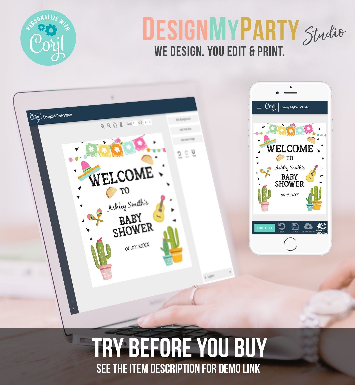 Editable Taco Bout a Baby Welcome Sign Baby Shower Cactus Mexican Succulent Couples Shower Table Sign Digital Template Printable 0161