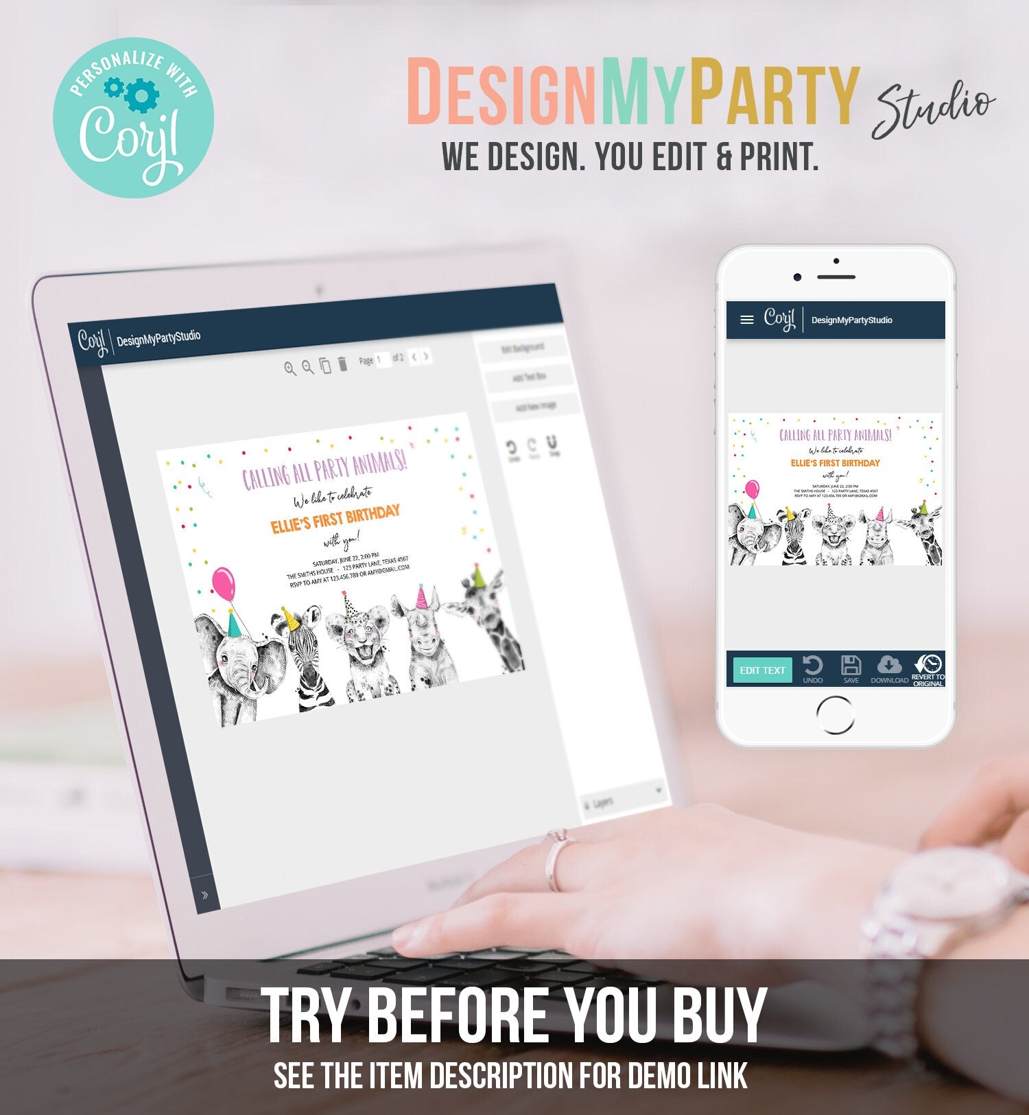 Editable Party Animals Birthday Invitation Wild One Animals Invitation Zoo Safari Animals Girl Download Printable Invite Template Corjl 0390