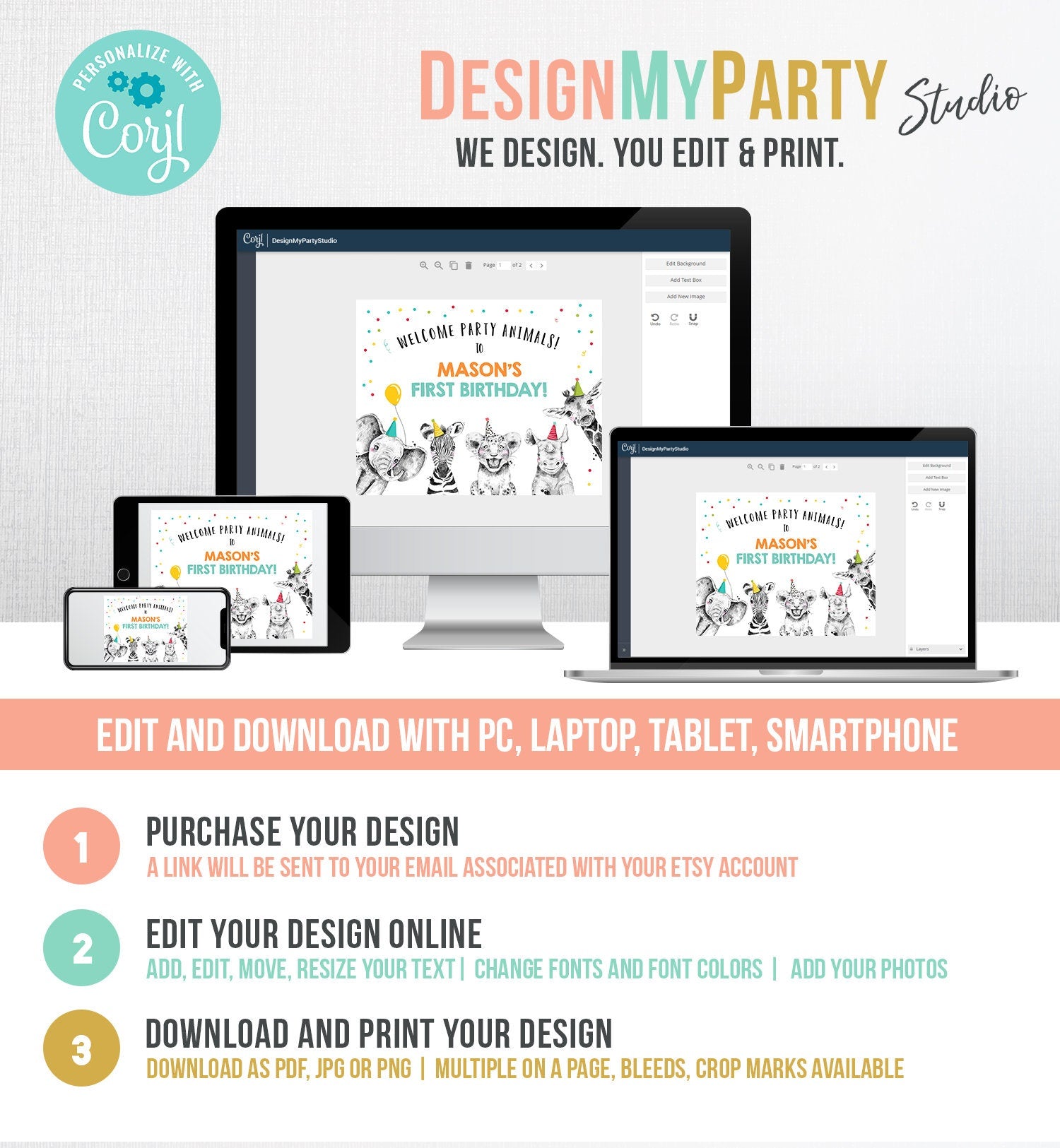 Editable Party Animals Welcome Sign Party Animal Sign Zoo Safari Welcome Jungle Sign Birthday Animals Boy Digital Template Printable 0390