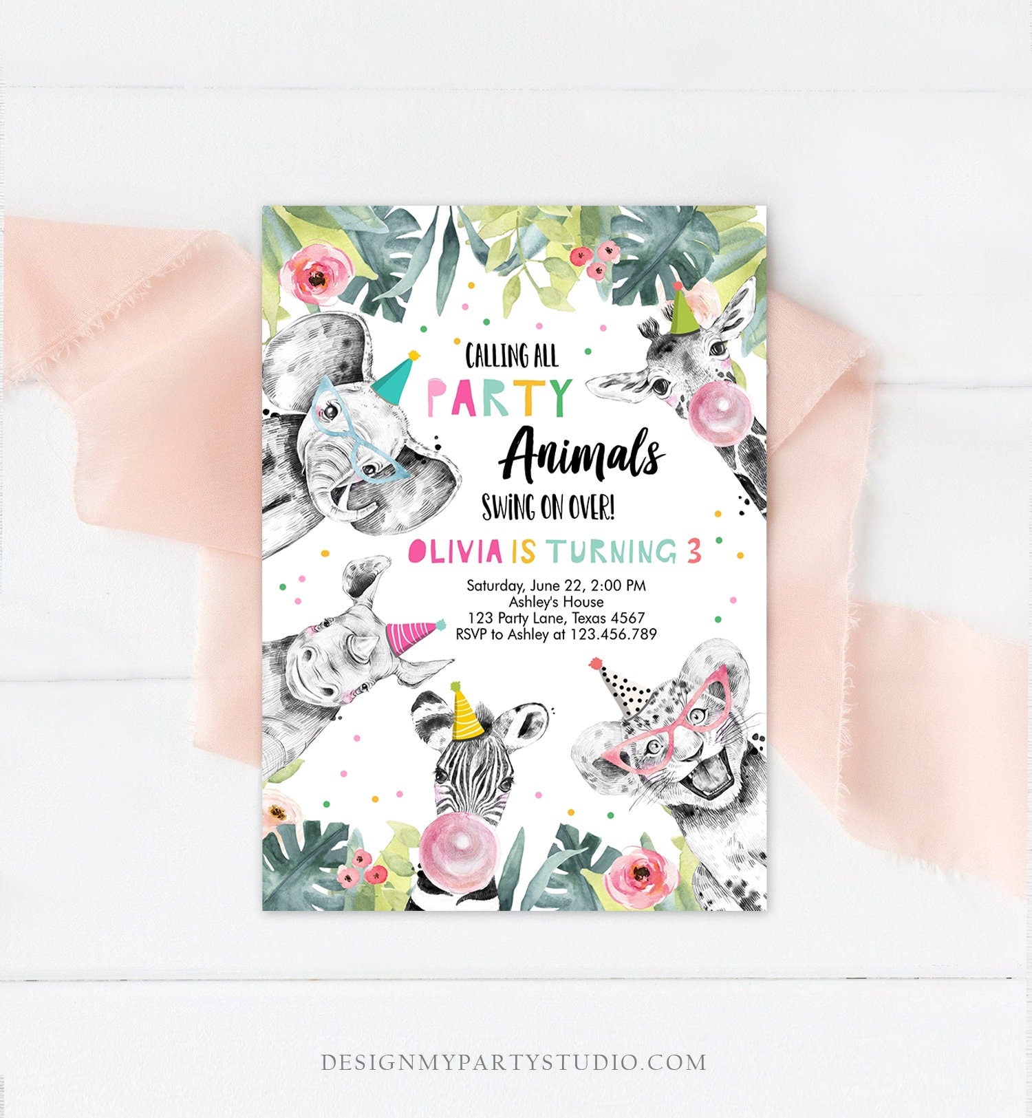 Editable Party Animals Birthday Invitation Wild One Animals Invitation Zoo Safari Animals Girl Download Printable Invite Template Corjl 0322