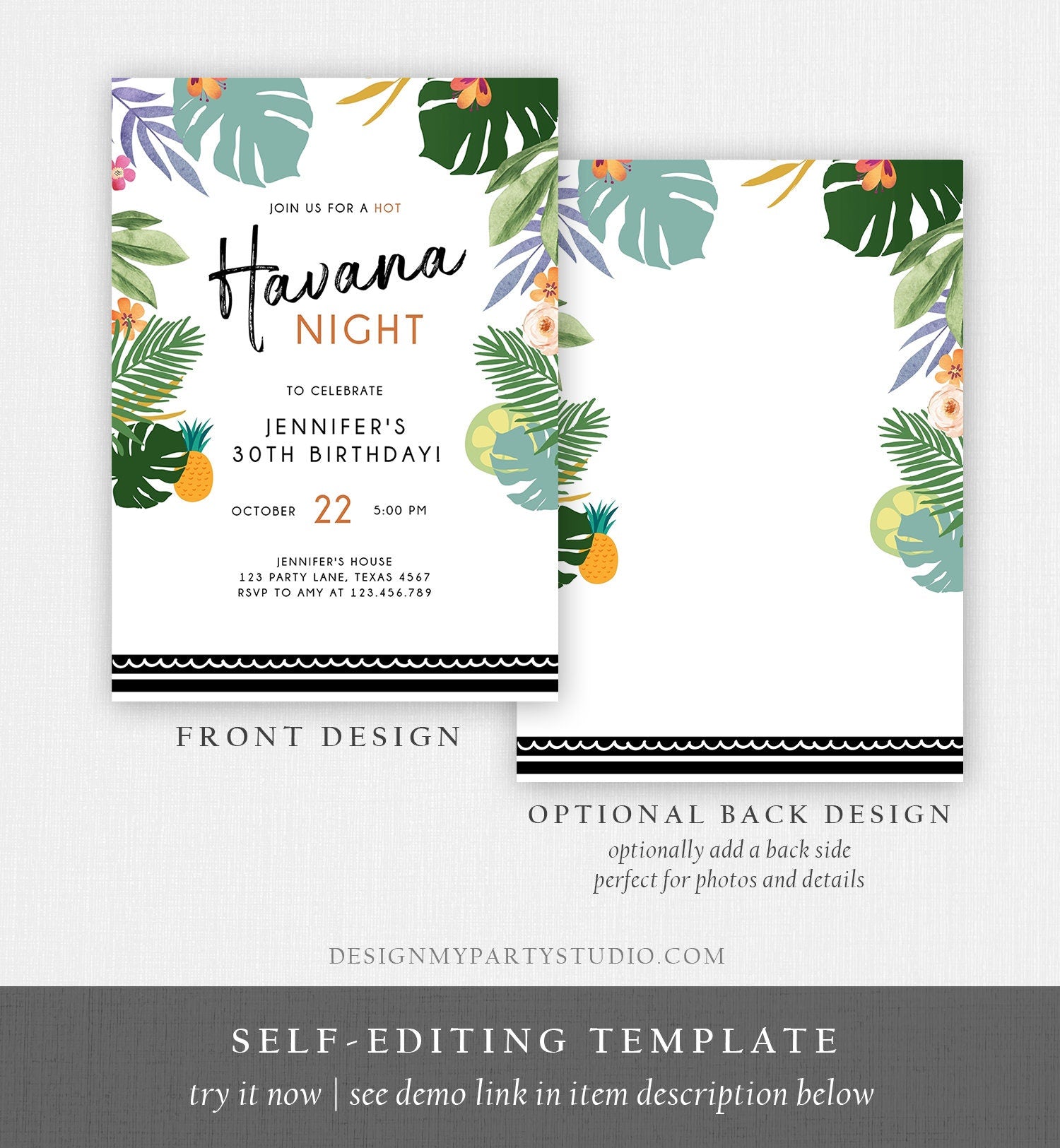 Editable Havana Nights Invitation Night in Havana Birthday Vintage Tropical Beach Digital Download Evite Template Printable 0287