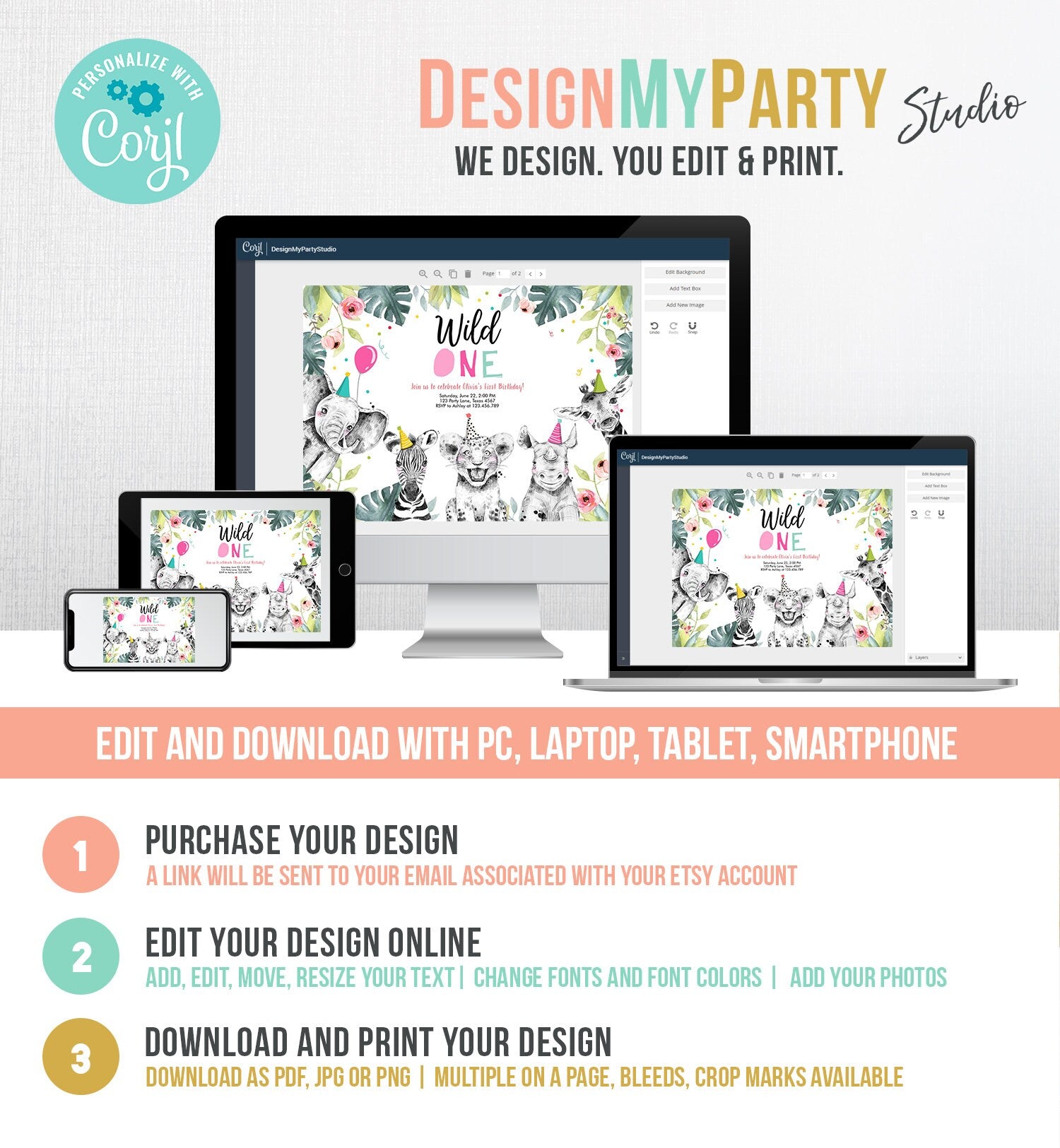 Editable Wild One Birthday Invitation Girl Safari Animals Invite Pink and Gold Party Animals Download Printable Template Corjl Digital 0322