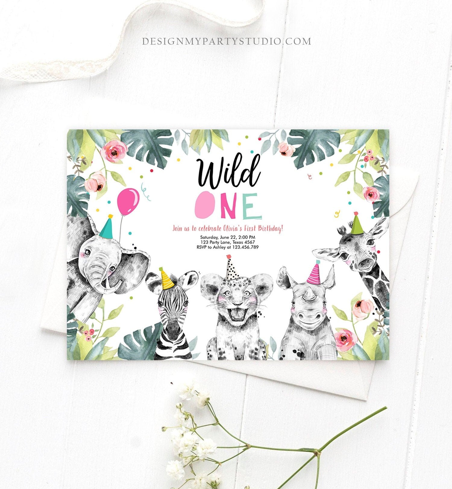 Editable Wild One Birthday Invitation Girl Safari Animals Invite Pink and Gold Party Animals Download Printable Template Corjl Digital 0322