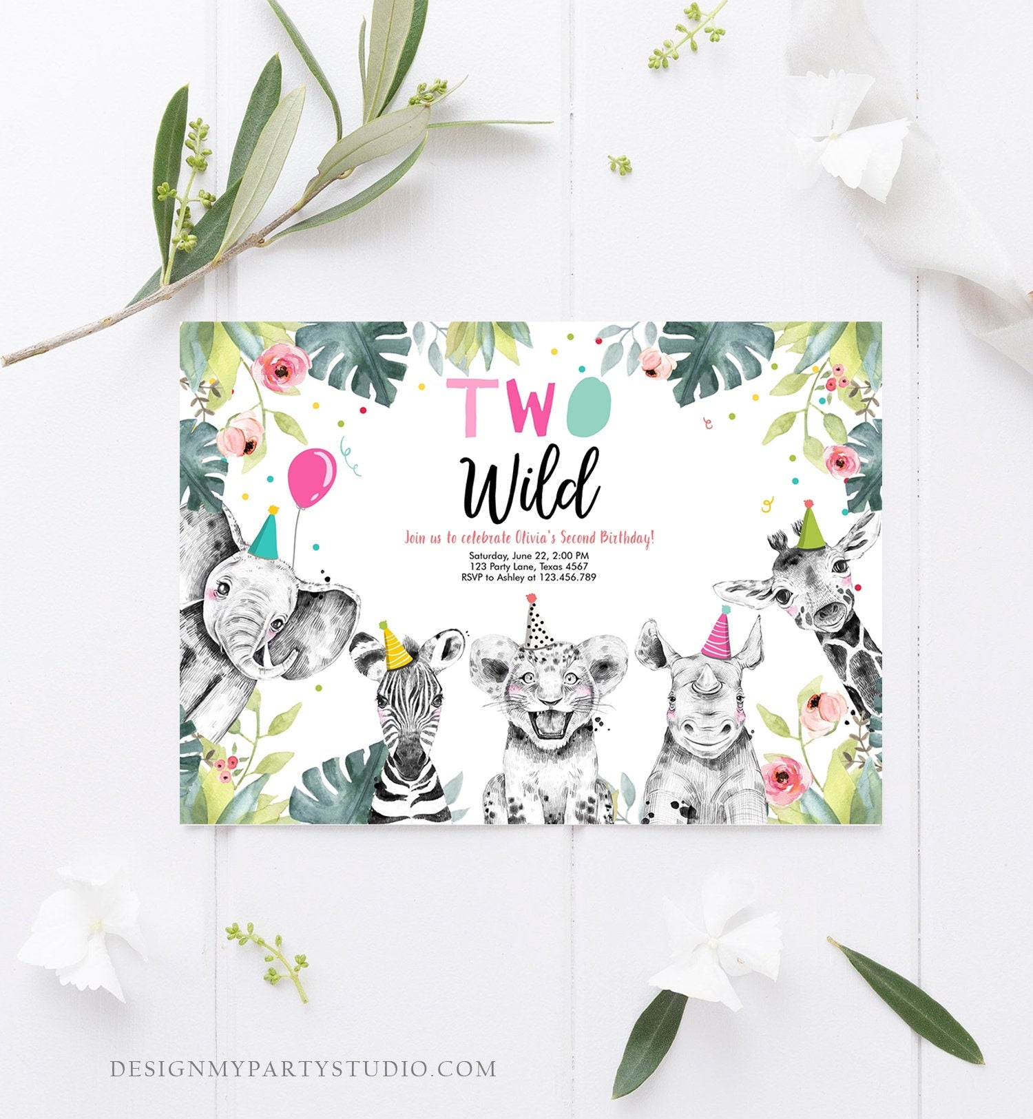 Editable Birthday Invitation Girl Two Wild Animals Invite Pink and Gold Safari Zoo Instant Download Printable Template Digital Corjl 0322
