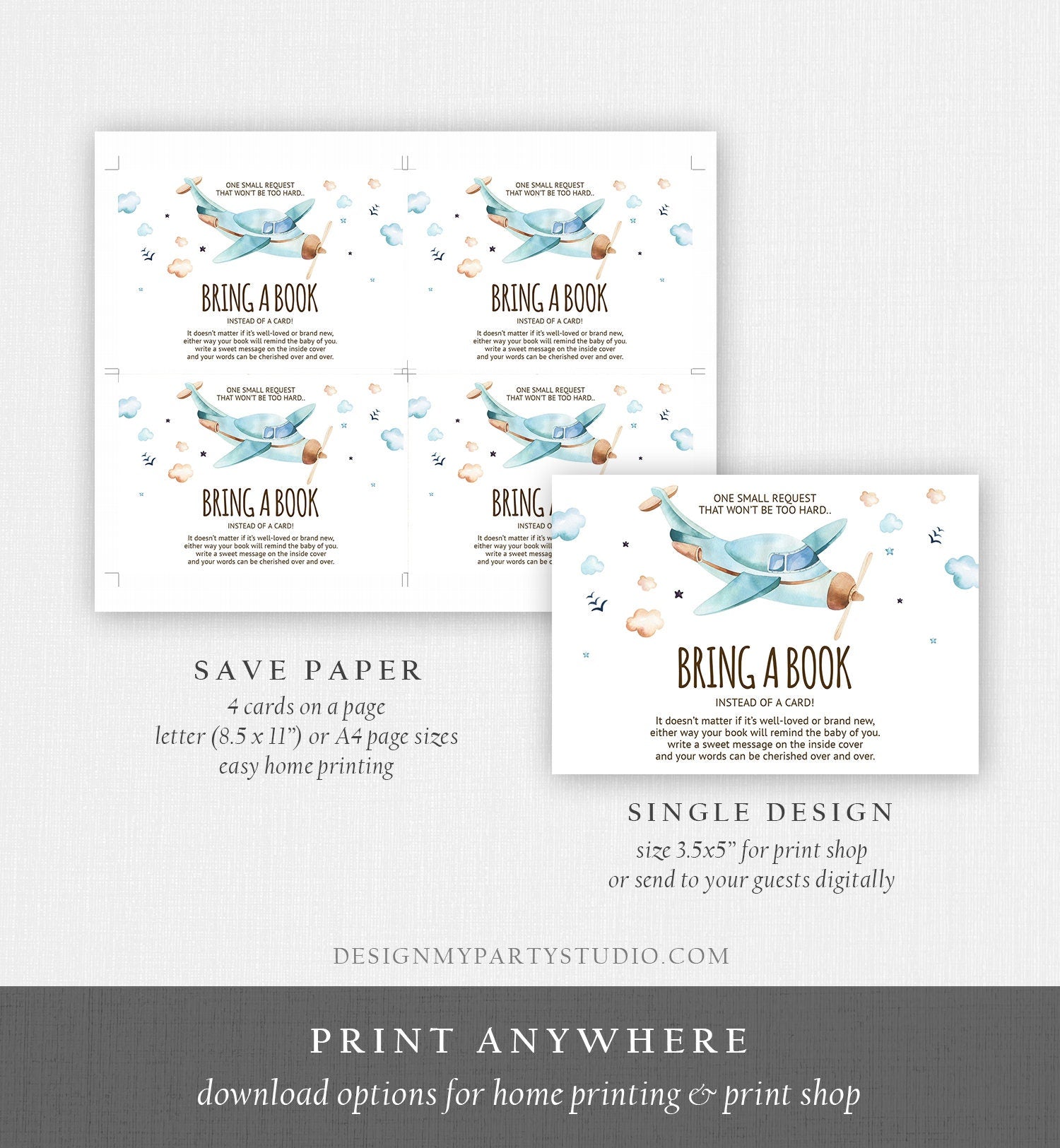 Editable Bring a Book Card Airplane Baby Shower Boy Vintage Travel Adventure Baby Book Insert Books for Baby Digital Template Printable 0185