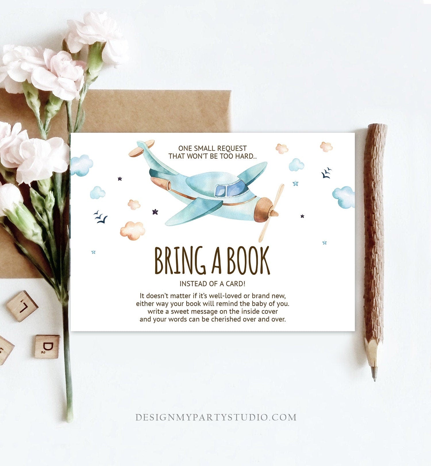 Editable Bring a Book Card Airplane Baby Shower Boy Vintage Travel Adventure Baby Book Insert Books for Baby Digital Template Printable 0185