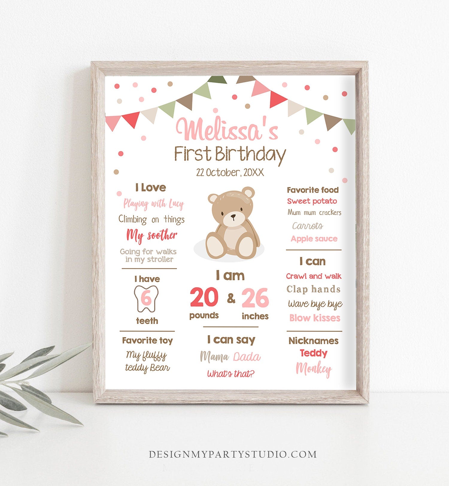 Editable Teddy Bear Birthday Milestones Sign Teddy Bear Picnic Birthday First Birthday Girl Little Cub Pink Digital Template Printable 0100