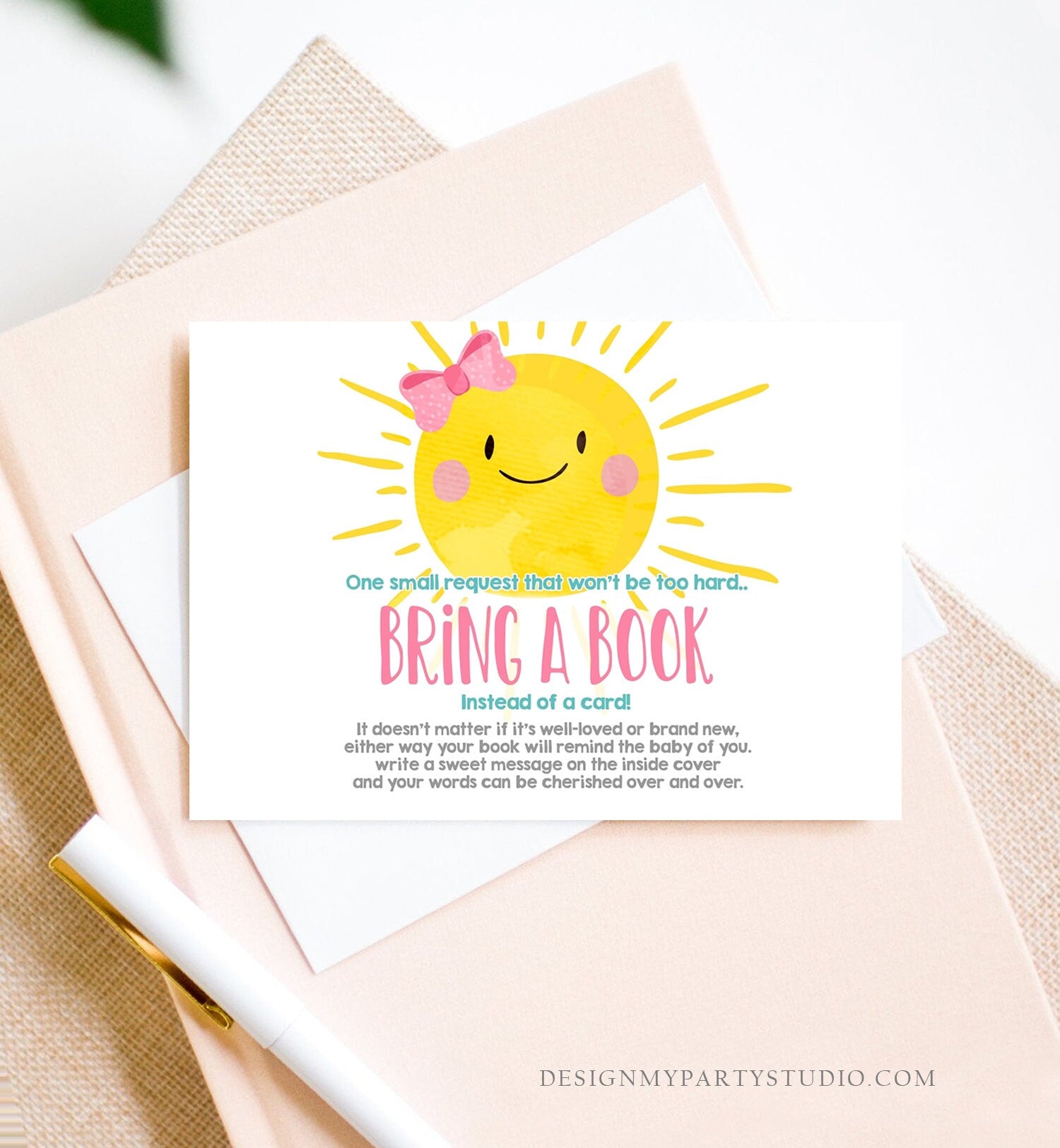 Editable Sunshine Bring a Book Card Baby Shower A Ray Of Sunshine Little Sunshine Blue Books Girl Request Digital Template Printable 0141