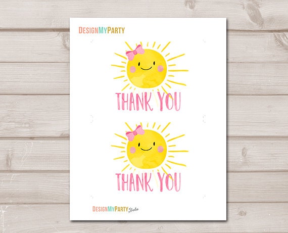 Little Sunshine Thank You Card Birthday Baby Shower Thank You Note Ray of Sunshine Bow Girl Pink Around the Sun Instant Download 0141