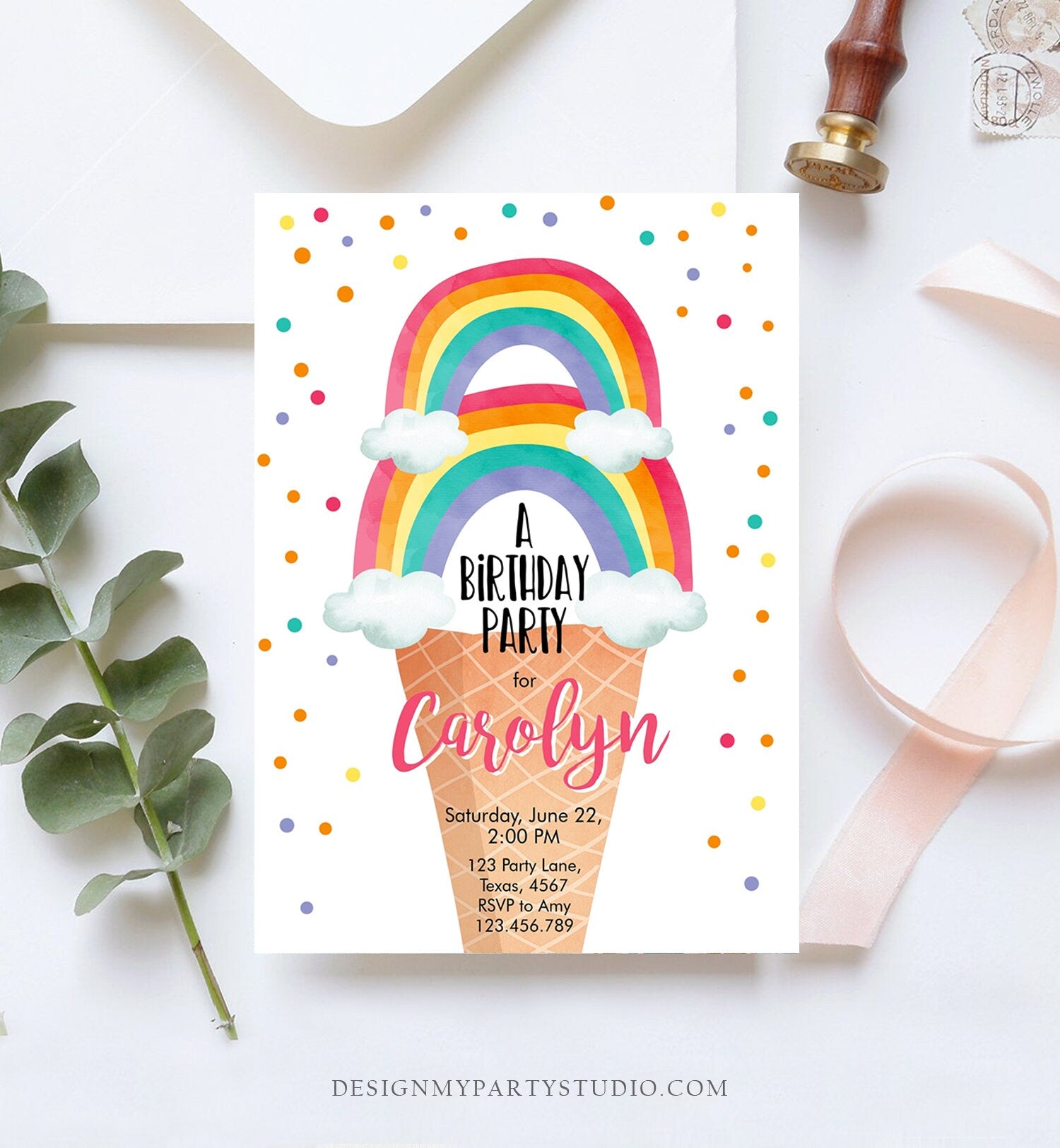 Editable Rainbow Ice Cream Birthday Invitation First Birthday Party Rainbow Party Cone Summer Rainbow Digital Template Printable 0243