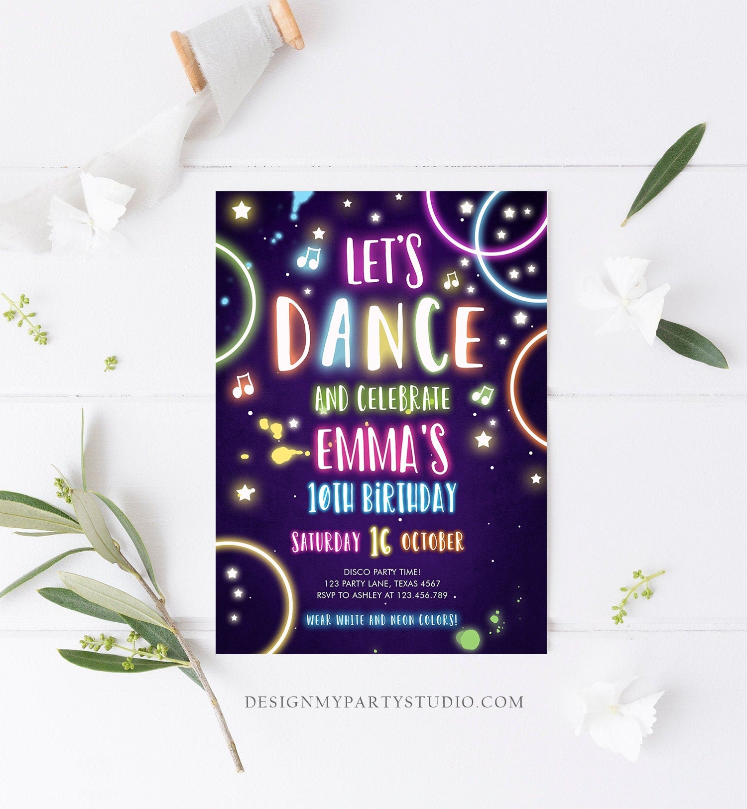 Editable Dance Party Birthday Invitation Disco Music Let's Dance Neon Glow In The Dark Party Girl Teen Pink Digital Template Printable 0172