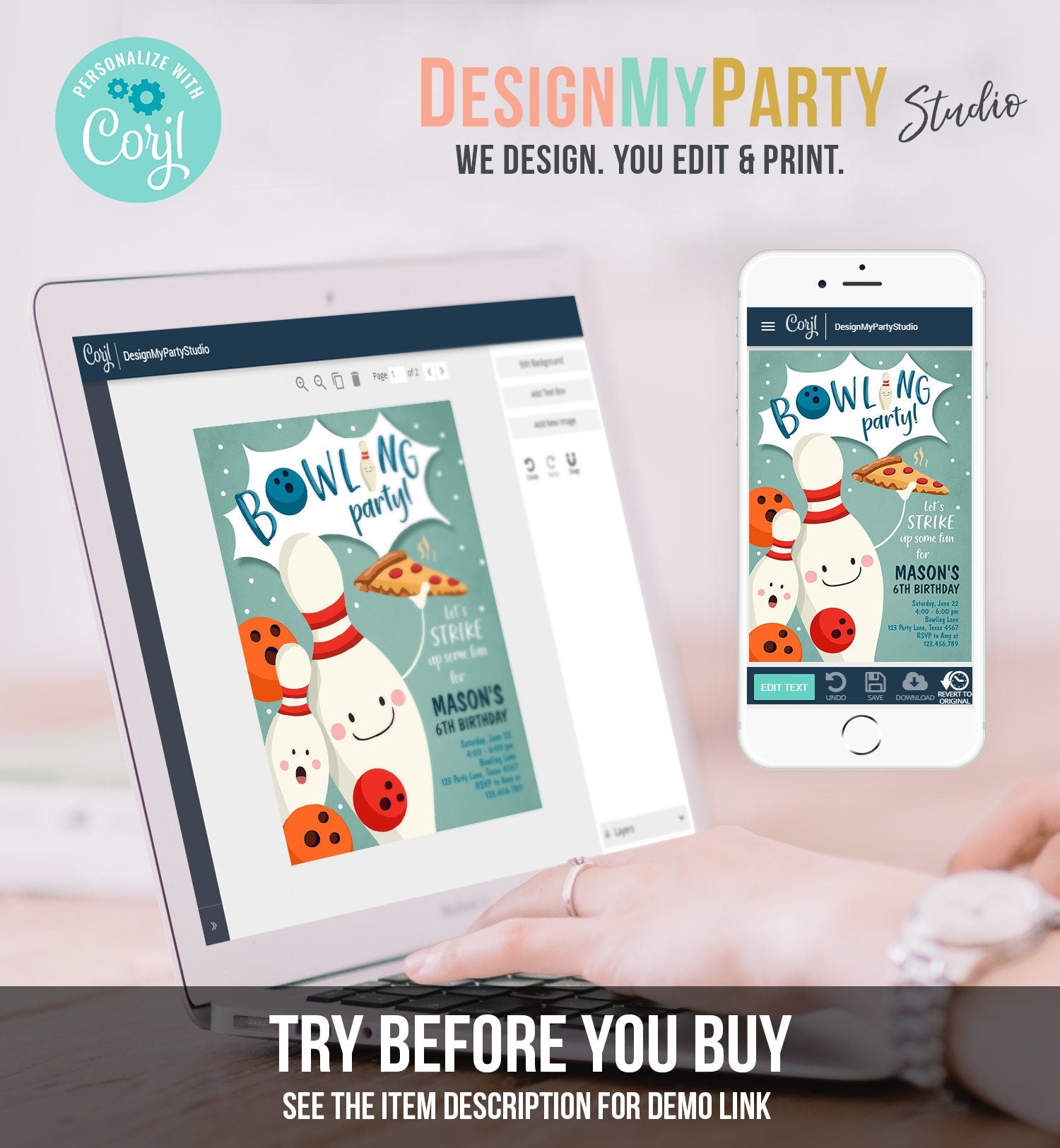 Editable Bowling Birthday Invitation Strike Up Some Fun Boy Bowling Party Pizza Blue Orange Instant Download Printable Template Corjl 0324