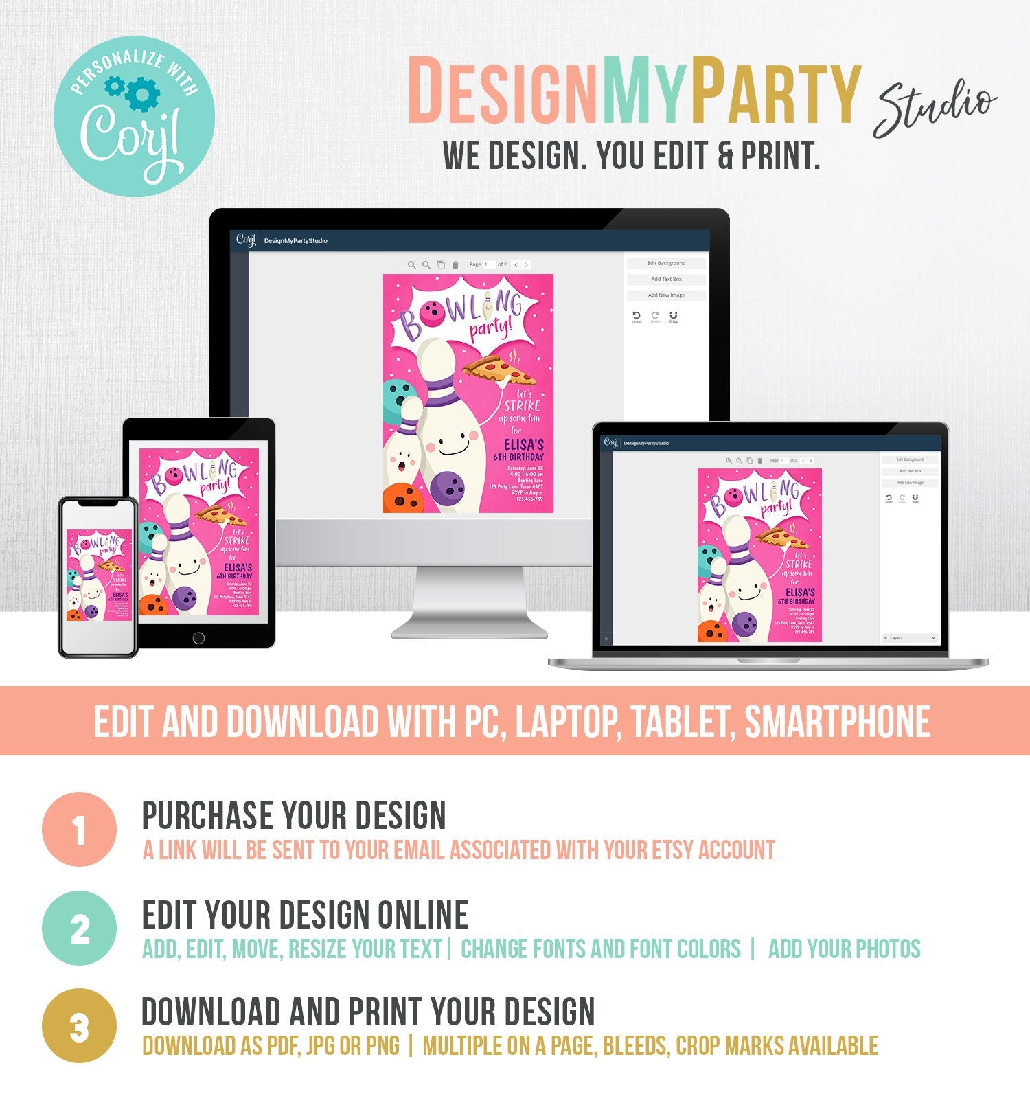 Editable Bowling Birthday Invitation Strike Up Some Fun Girl Bowling Party Pizza Pink Purple Instant Download Printable Template Corjl 0324