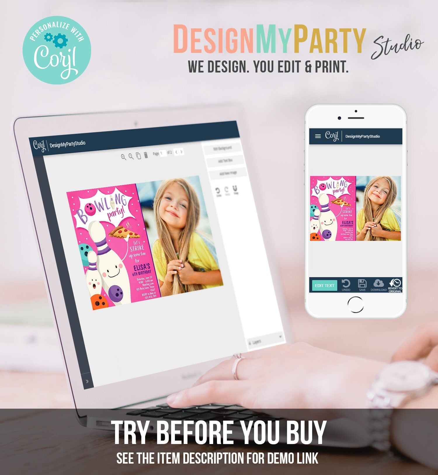 Editable Bowling Birthday Invitation Strike Up Some Fun Girl Bowling Party Pizza Pink Purple Digital Download Evite Template Printable 0324