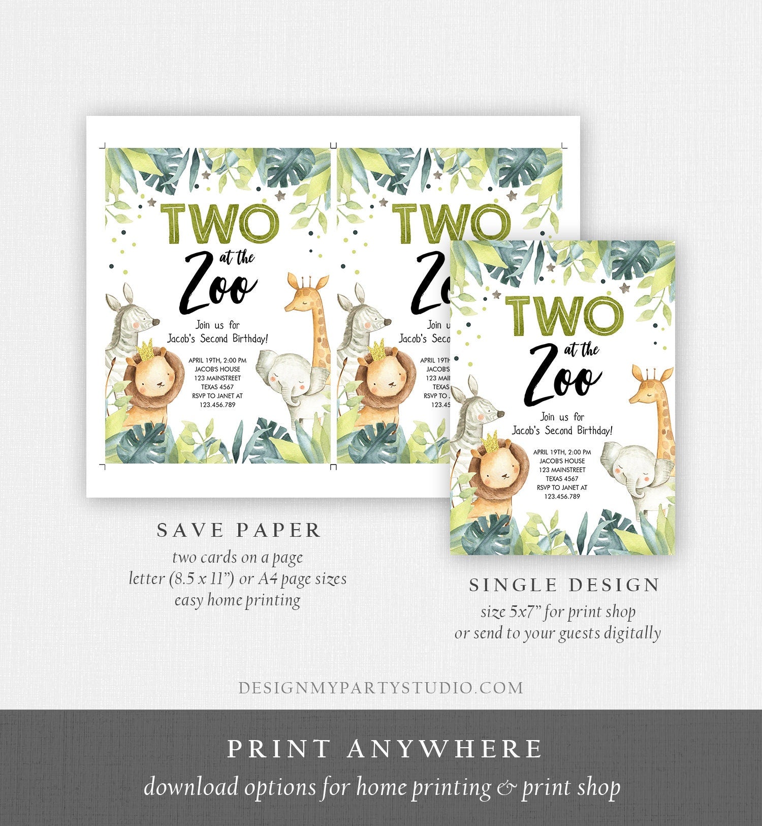 Editable Two in the Zoo Birthday Invitation Boy Second Birthday 2nd Safari Animals Party Jungle Green Gold Two Wild Corjl Template 0163