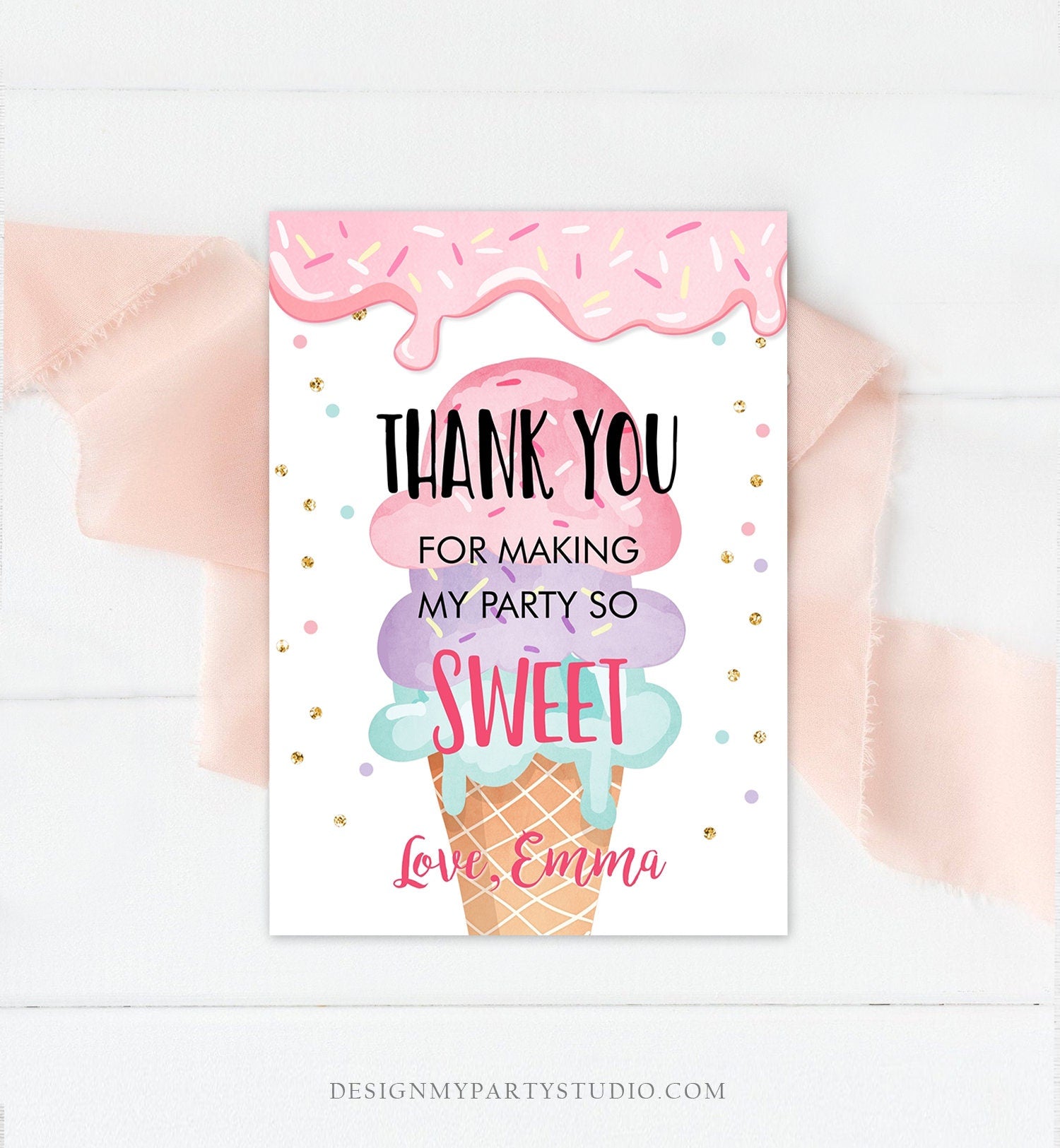 Editable Ice Cream Thank You Card Ice Cream Birthday Thank you Note Girl Birthday Summer Digital Download Template Printable 0243