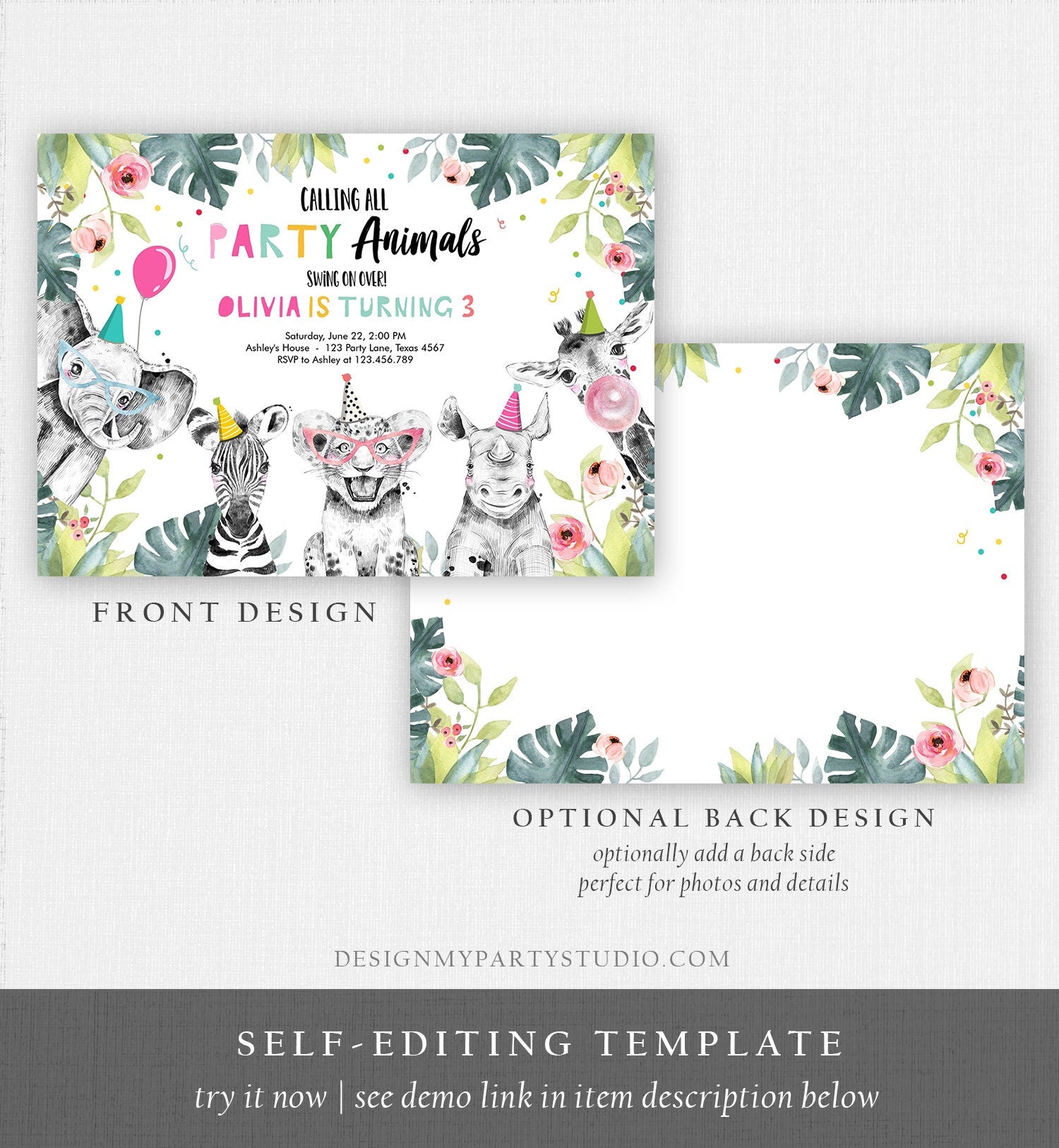 Editable Party Animals Birthday Invitation Wild One Animals Invitation Zoo Safari Animals Girl Digital Download Template Printable 0322