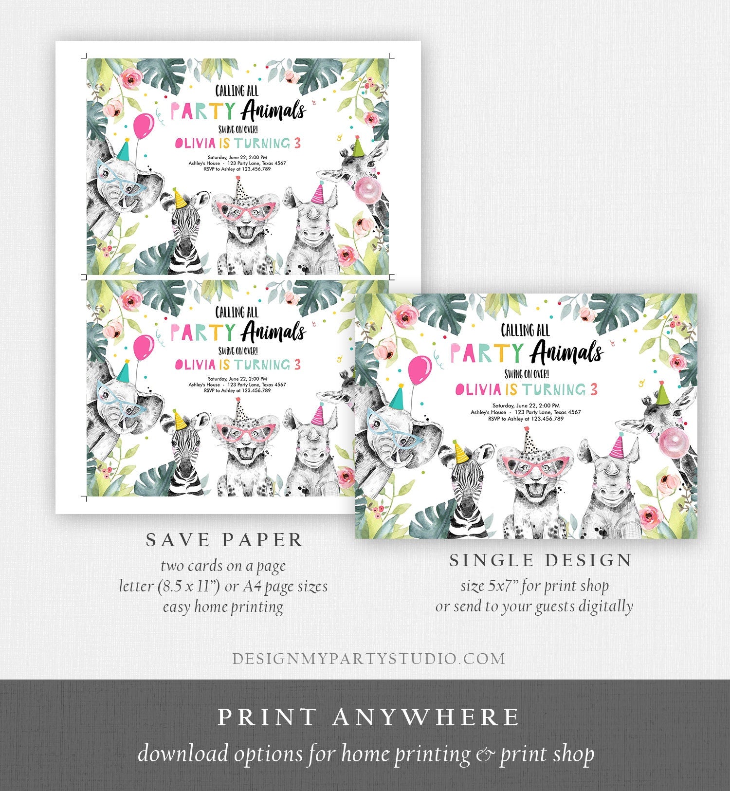 Editable Party Animals Birthday Invitation Wild One Animals Invitation Zoo Safari Animals Girl Digital Download Template Printable 0322