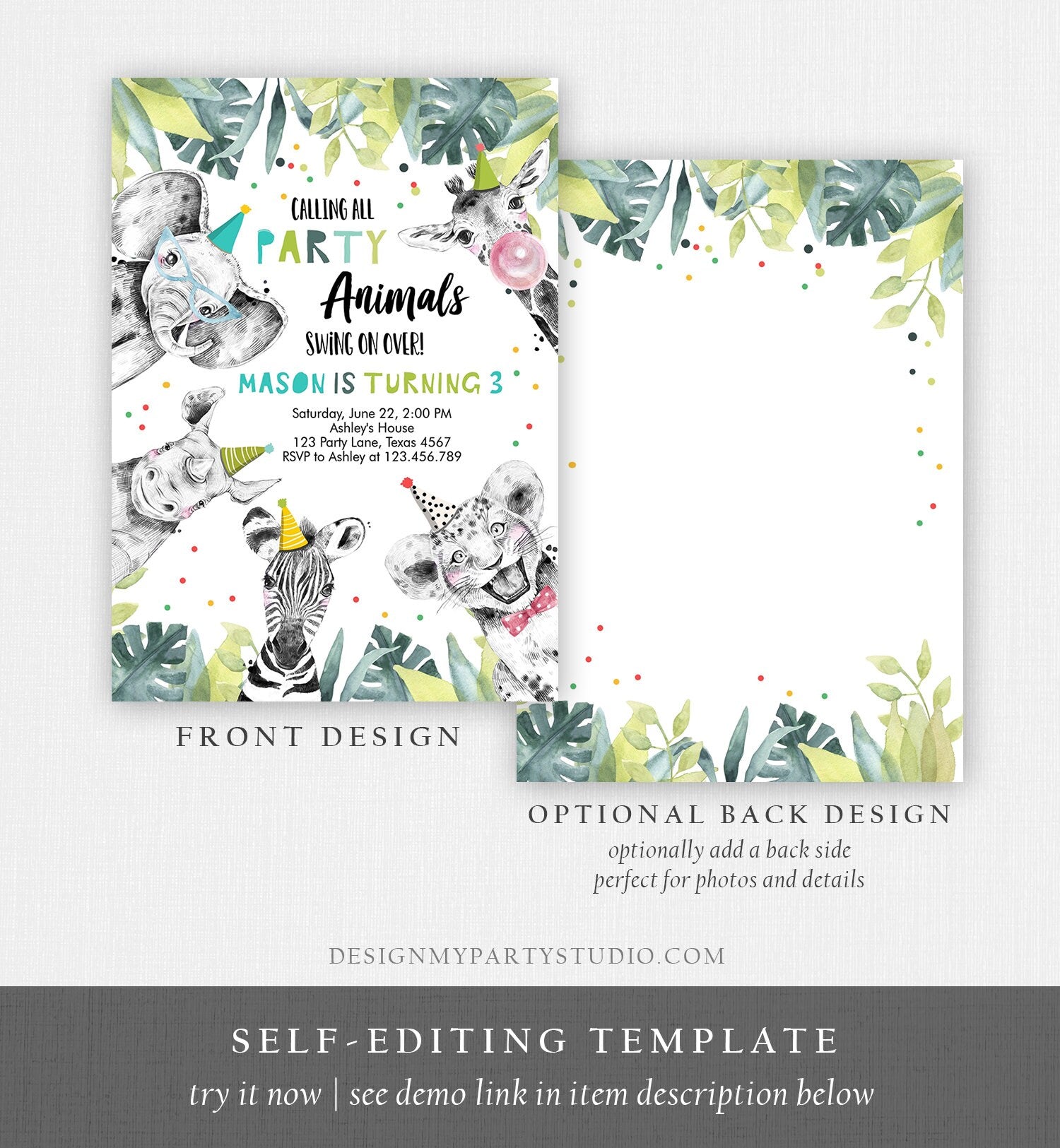 Editable Party Animals Birthday Invitation Wild One Animals Invitation Zoo Safari Animals Boy Download Printable Invite Evite Template 0322