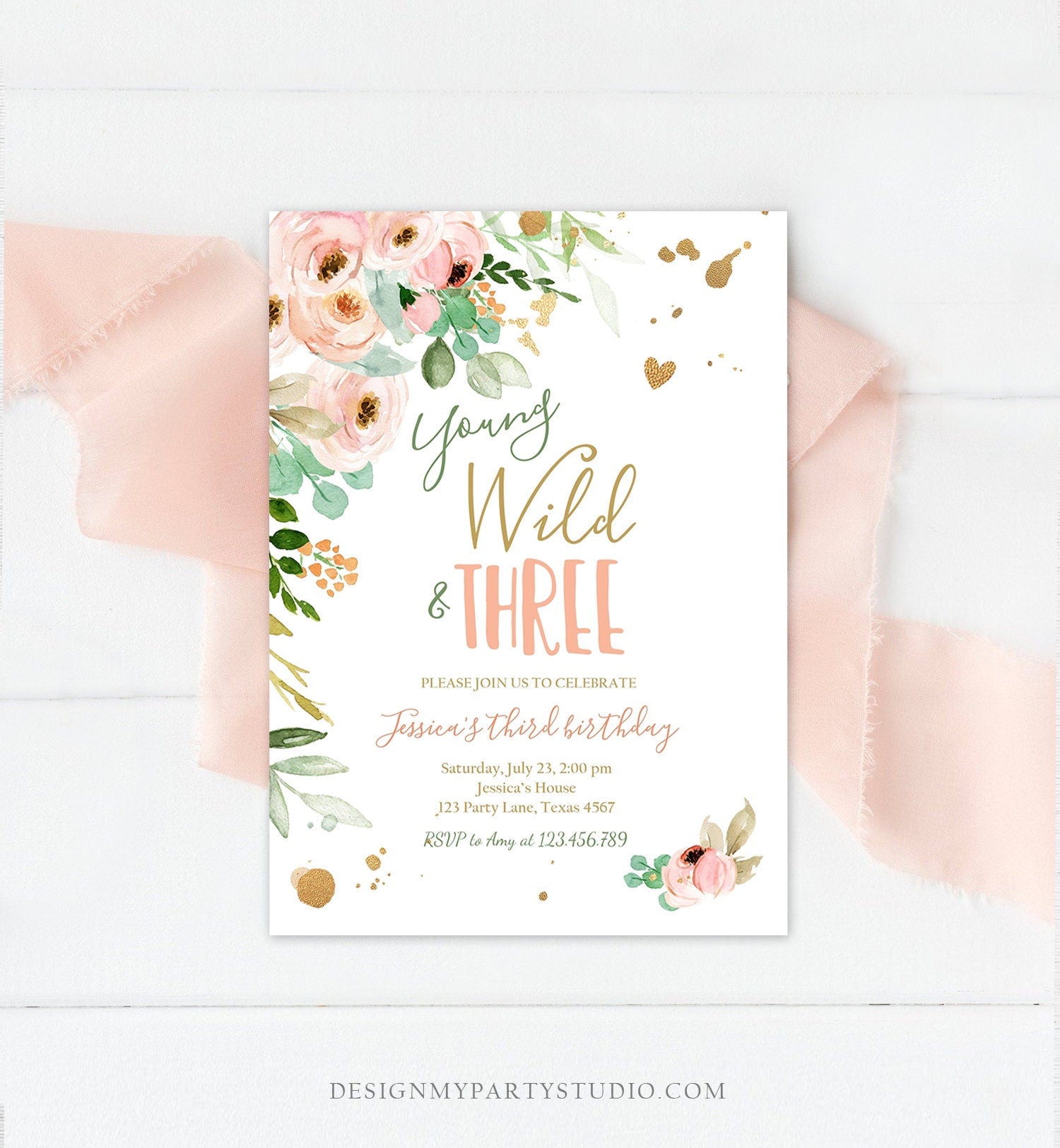 Editable Young Wild and Three Birthday Invitation 3rd Birthday Girl Pink Gold Floral Wild Download Printable Template Corjl Digital 0147