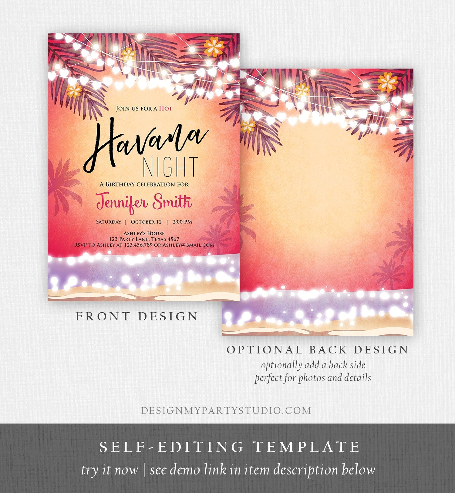 Editable Havana Nights Invitation Night in Havana Birthday Invitation Vintage Beach Party Digital Download Evite Template Printable 0287