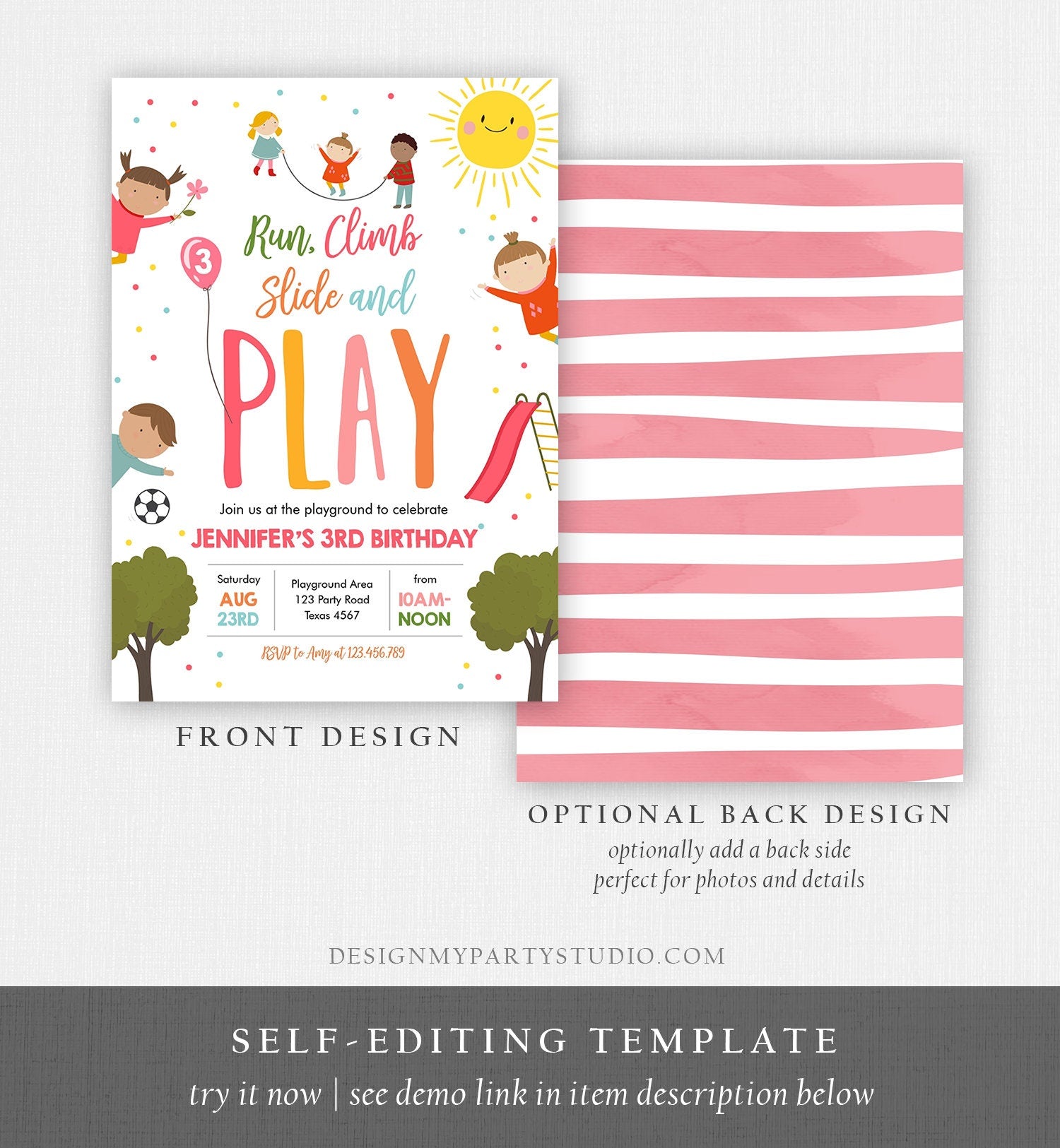 Editable Playground Birthday Invitation Party In The Park Girl Pink Run Climb Slide and Play Digital Download Evite Template Printable 0327