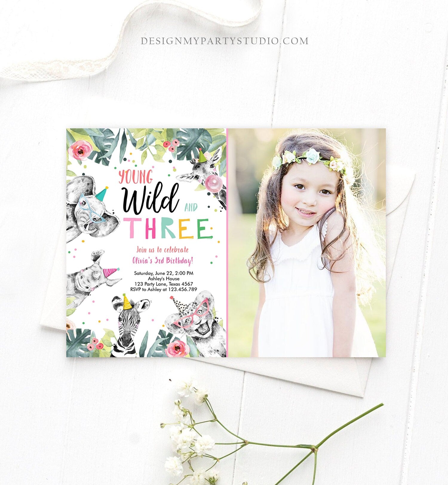 Editable Young Wild and Three Invitation Girl Pink and Gold Party Safari Animals Zoo Digital Download Evite Template Printable 0322