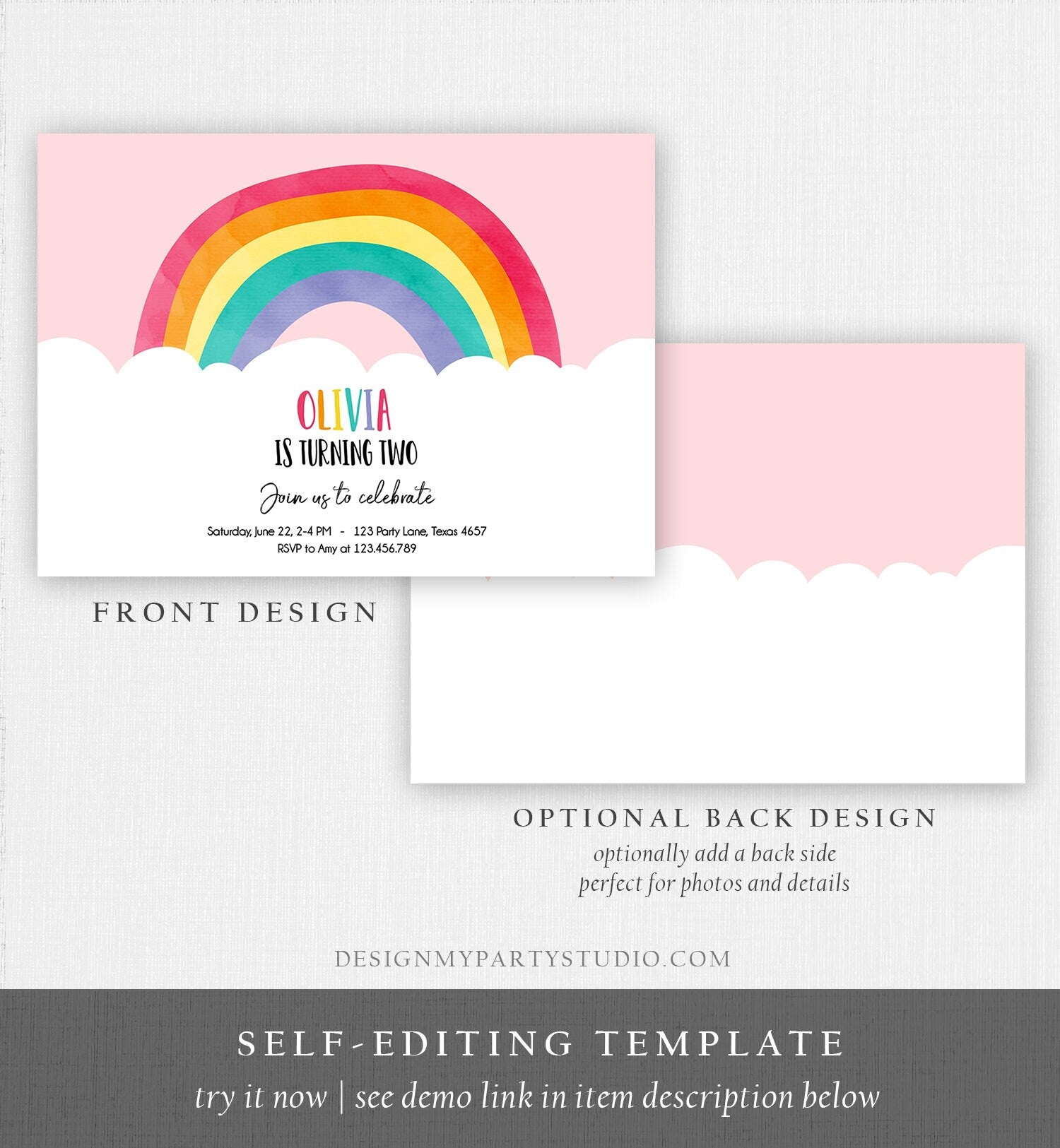 Editable Rainbow Birthday Invitation Kids Girl Baby Shower Clouds Colorful Party Rainbow Colors Printable Corjl Template Digital 0272