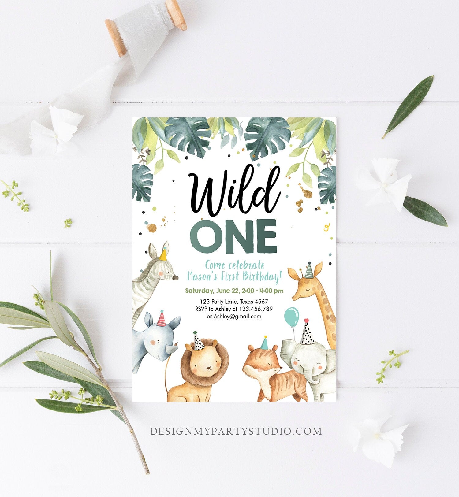 Editable Wild One Birthday Invitation Boy Safari Animals Green Gold Party Animals First Birthday 1st Download Template Corjl Printable 0163