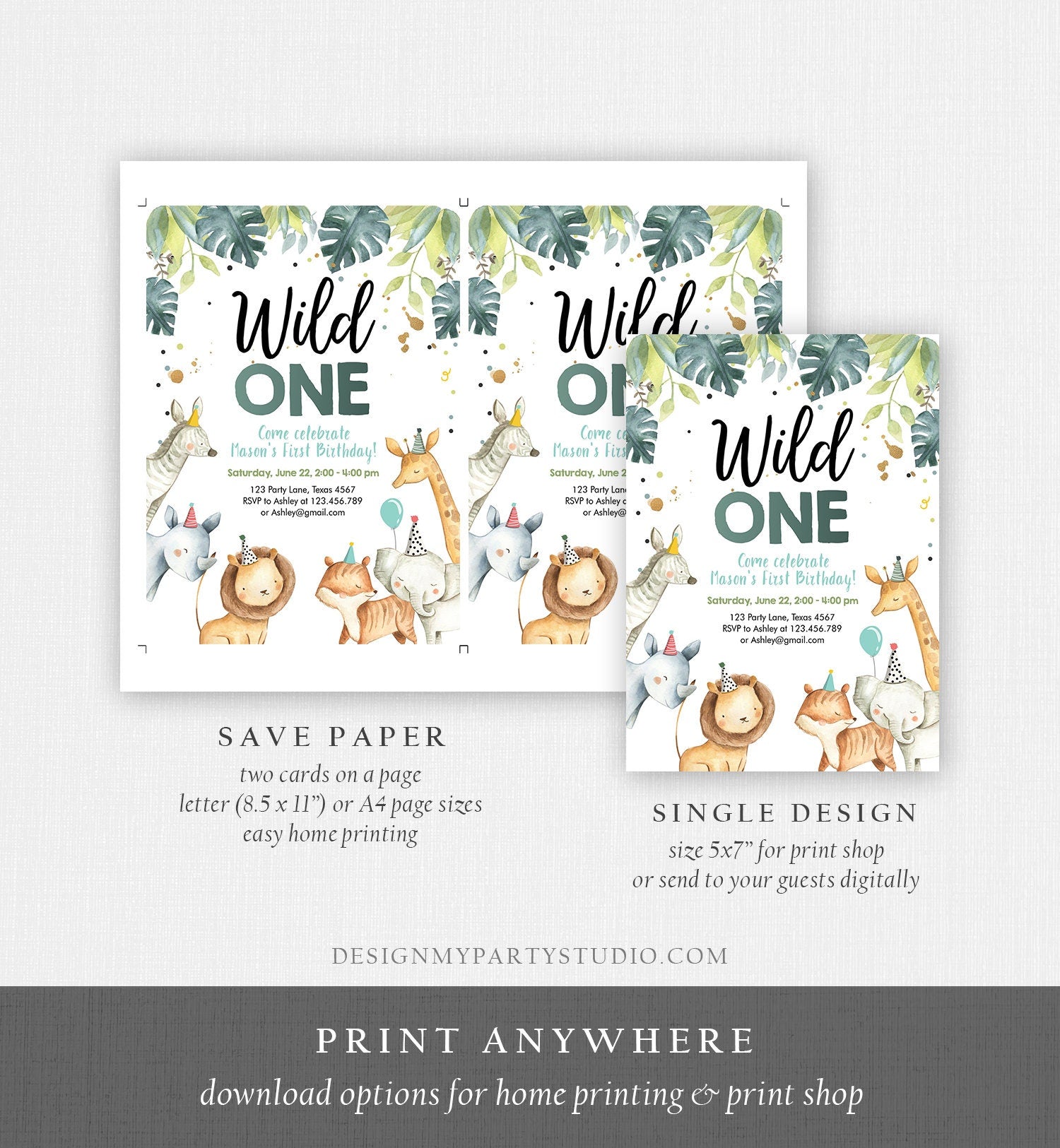 Editable Wild One Birthday Invitation Boy Safari Animals Green Gold Party Animals First Birthday 1st Download Template Corjl Printable 0163