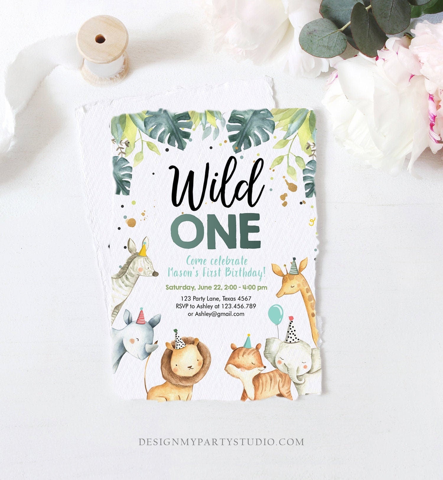 Editable Wild One Birthday Invitation Boy Safari Animals Green Gold Party Animals First Birthday 1st Download Template Corjl Printable 0163