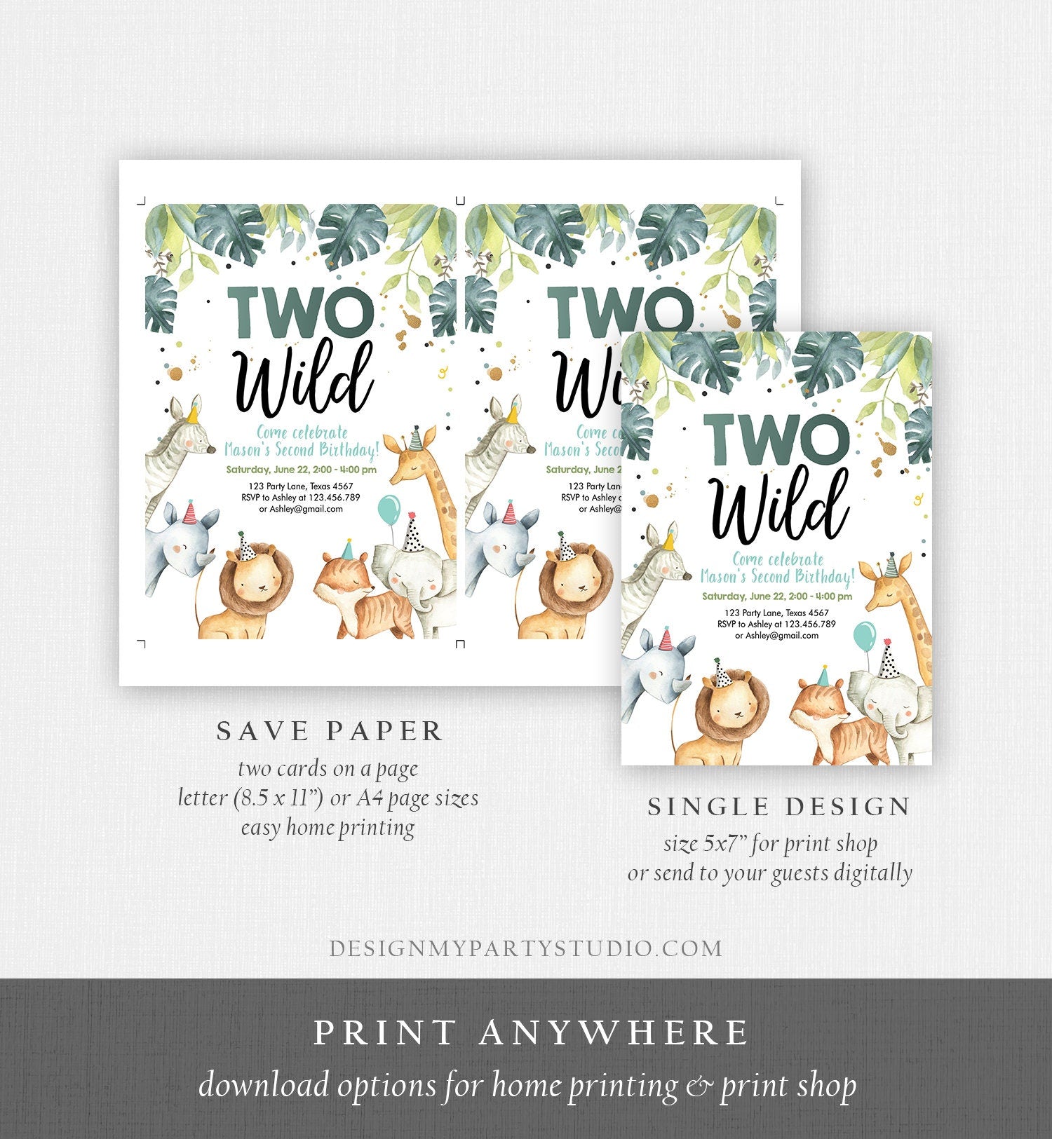 Editable Two Wild Birthday Invitation Boy Safari Animals Green Gold Party Animals Second Birthday 2nd Download Template Corjl Printable 0163