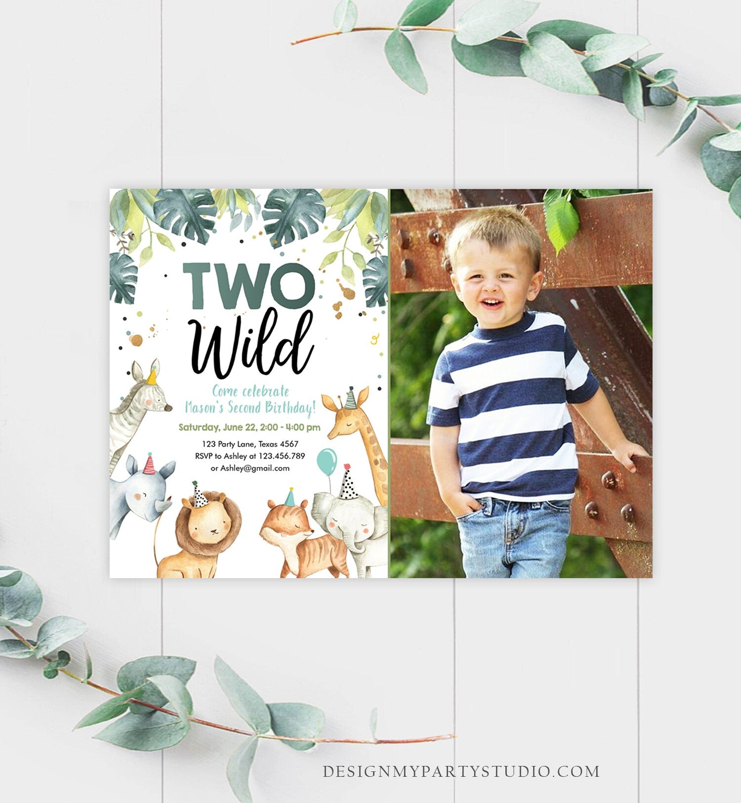 Editable Two Wild Birthday Invitation Boy Safari Animals Green Gold Party Animals Second Birthday 2nd Download Template Corjl Printable 0163