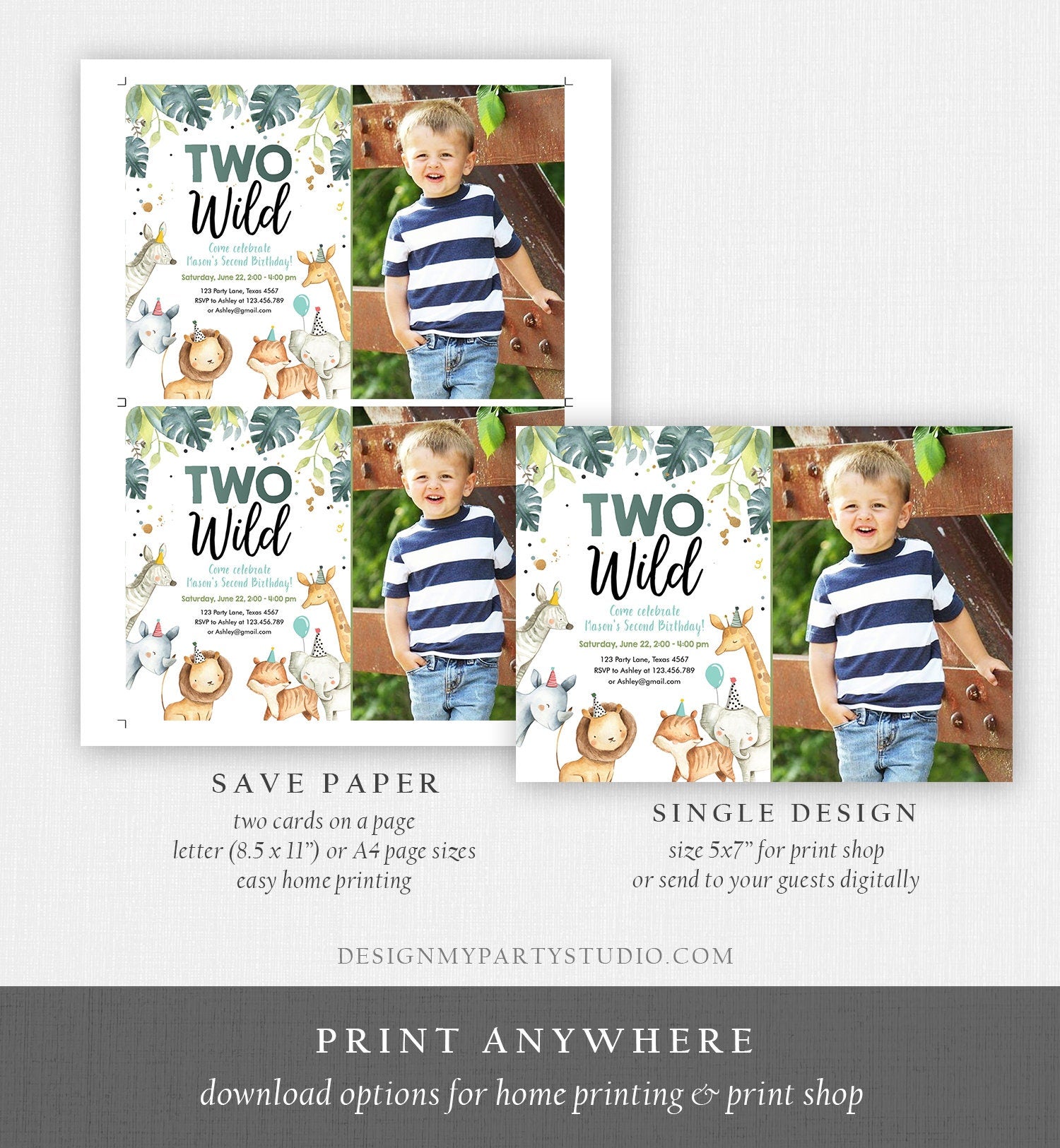 Editable Two Wild Birthday Invitation Boy Safari Animals Green Gold Party Animals Second Birthday 2nd Download Template Corjl Printable 0163