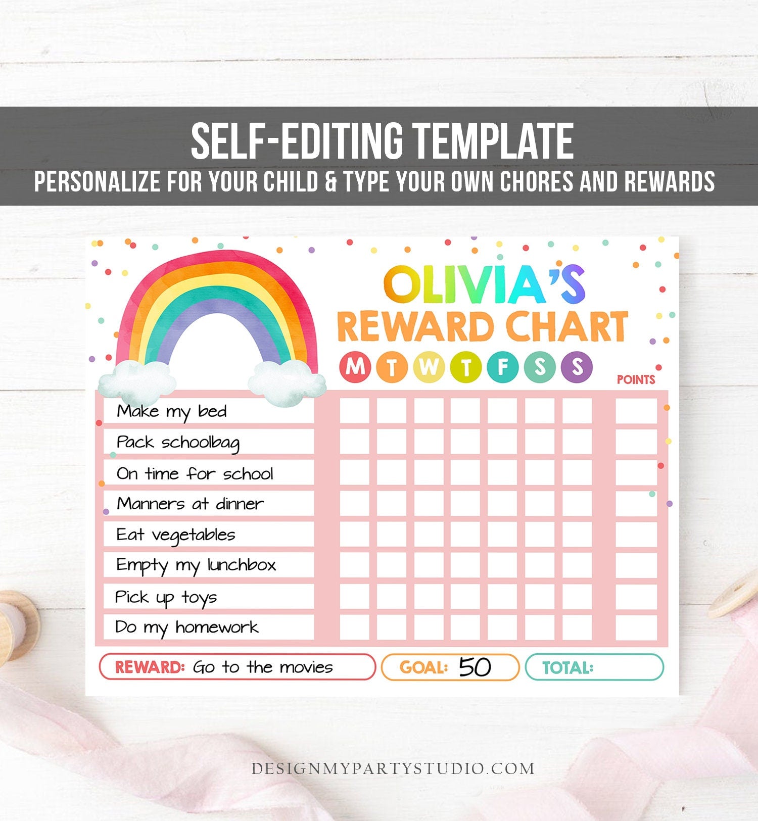 Editable Rainbow Cloud Reward Chart for Girls Chore Chart Kids Routine Chart Pink Rainbow Colors Digital Download Template Printable 0272