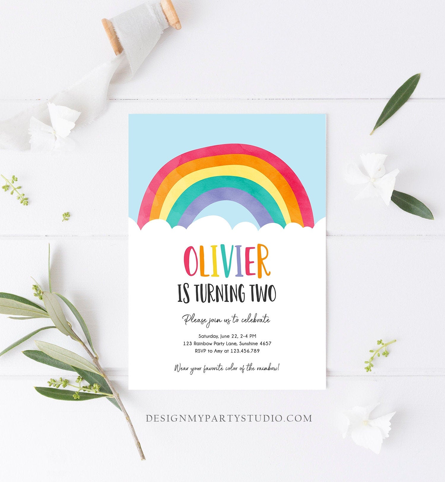 Editable Rainbow Birthday Invitation Boy Girl Neutral Clouds Blue Rainbow Fun Over the Rainbow Party Digital Corjl Template Printable 0272