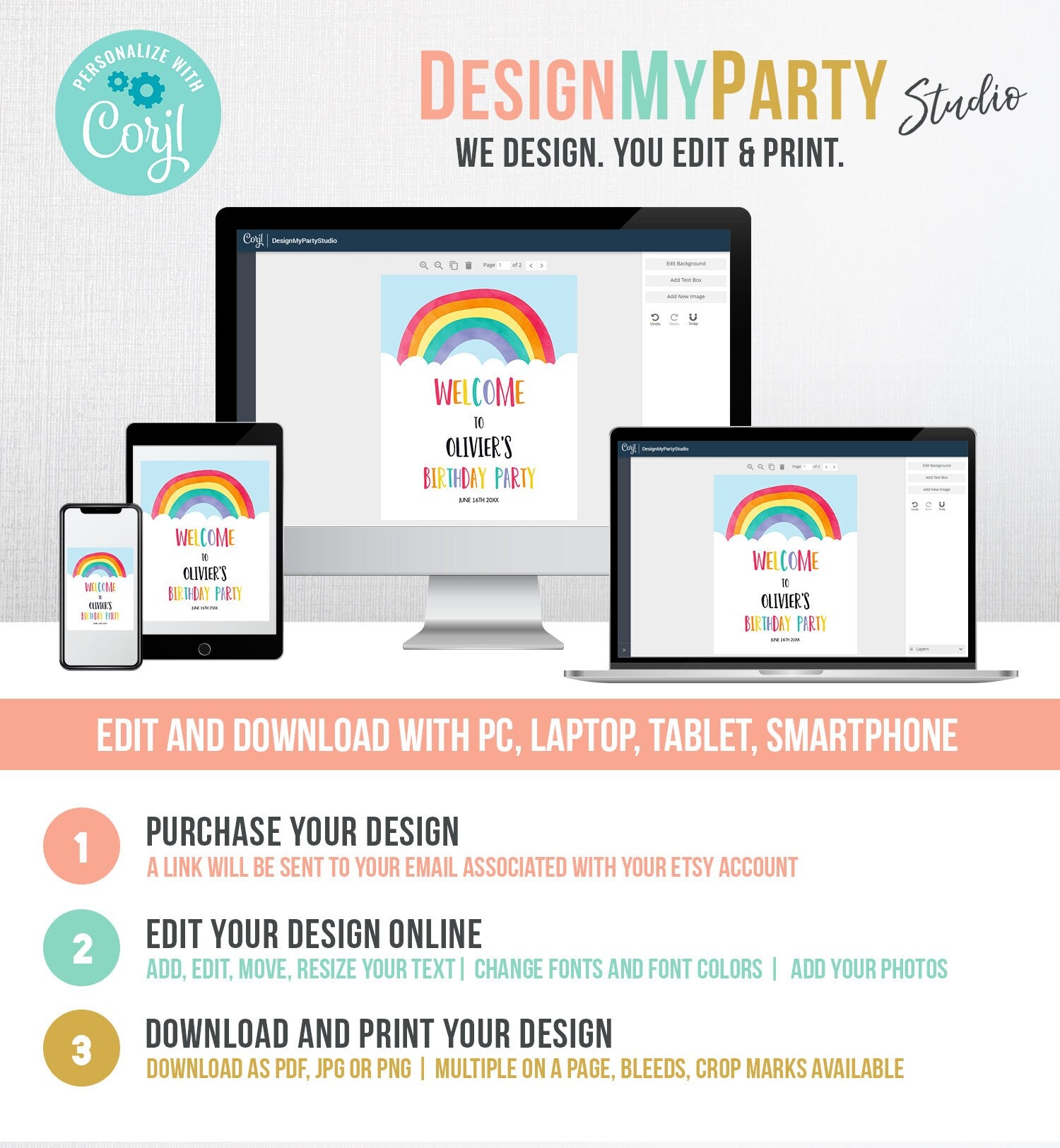 Editable Rainbow Welcome Sign Rainbow Birthday Party Sign Colorful Rainbow Fun Clouds Blue Boy Watercolor Digital Template Printable 0272