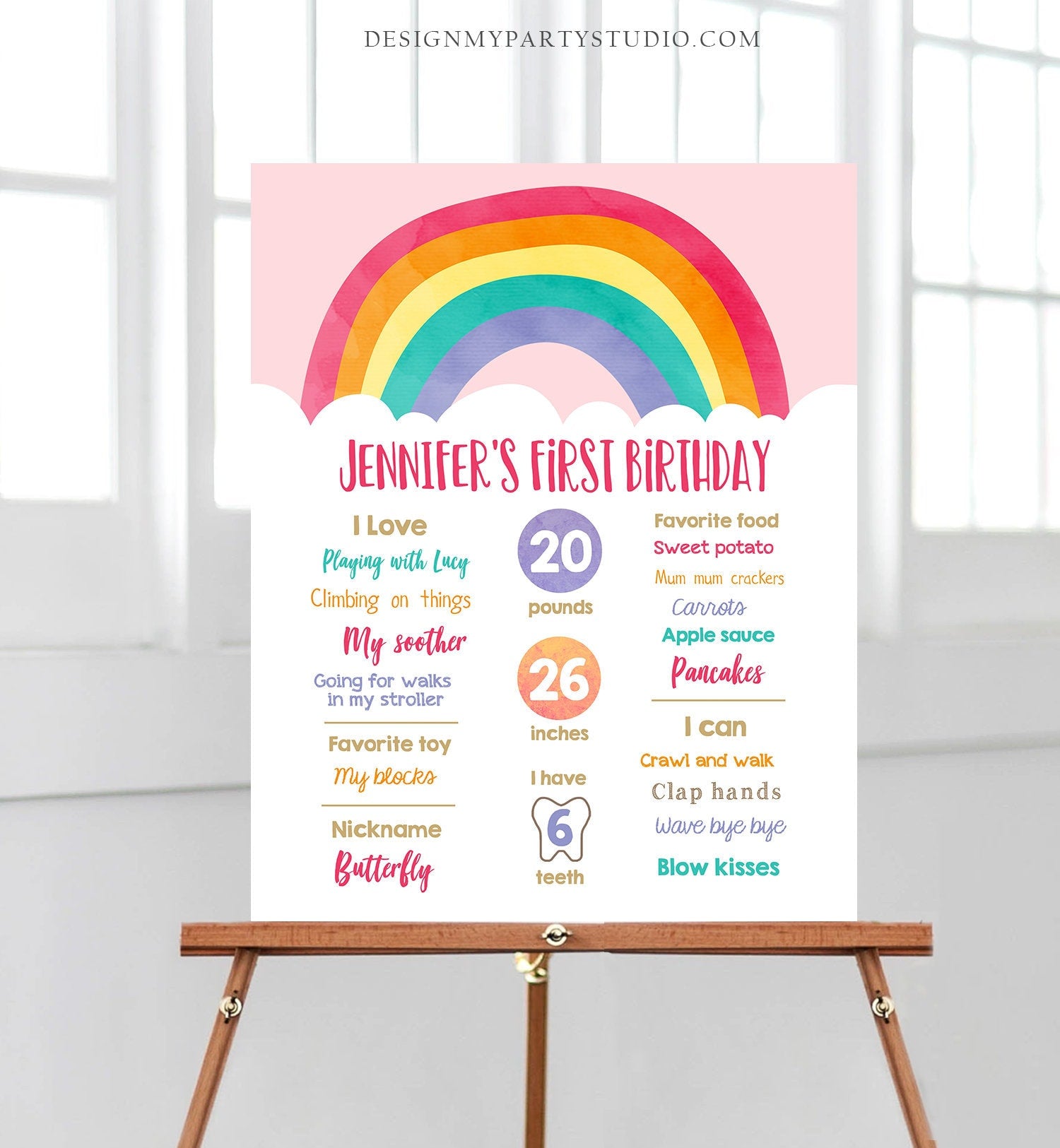 Editable Rainbow Birthday Milestones Sign Girl First Birthday 1st Colorful Clouds Over Rainbow Fun Download Corjl Template Printable 0272